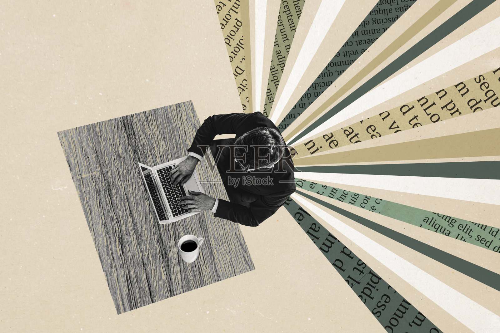 商务自由职业者坐在办公桌前，使用笔记本电脑，旁边有咖啡杯，背景为涂鸦风格的画面。照片摄影图片