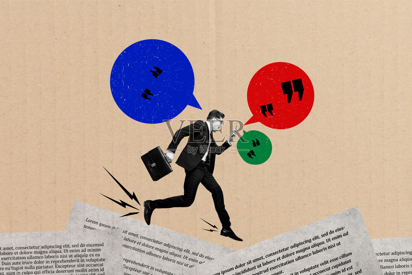 创意拼贴图，奔跑的商人企业家，智能手机应用，沟通，消息框，回复，答案，引述，引用照片摄影图片