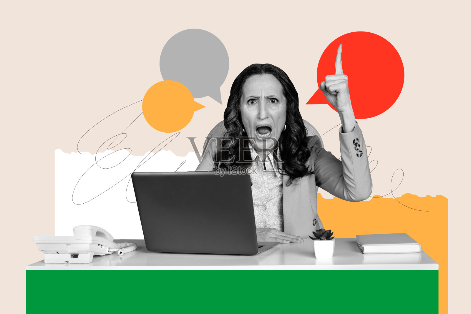 创意拼贴画，描绘了一位恼怒的女老板在办公室里严厉地训斥一位员工，场景充满奇幻色彩，像是一个不寻常的广告牌。照片摄影图片