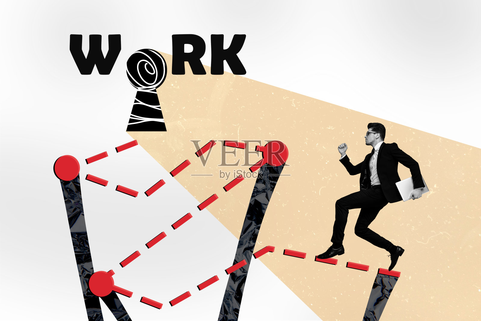 年轻商人拼贴画，工作、雄心、领导力、职业晋升、实现目标、路径、步行、奔跑、坚持和决心照片摄影图片