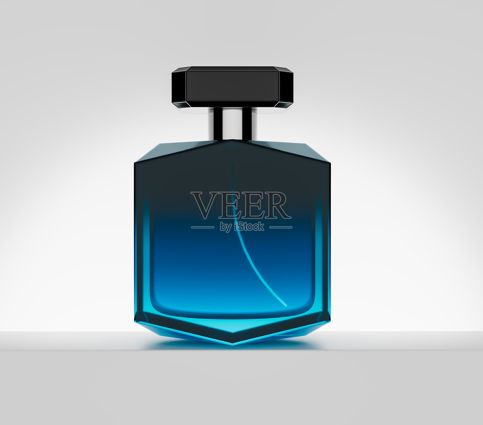 蓝色玻璃香水瓶配有闪亮的黑色瓶盖，在反射底面上闪烁的3D插图照片摄影图片