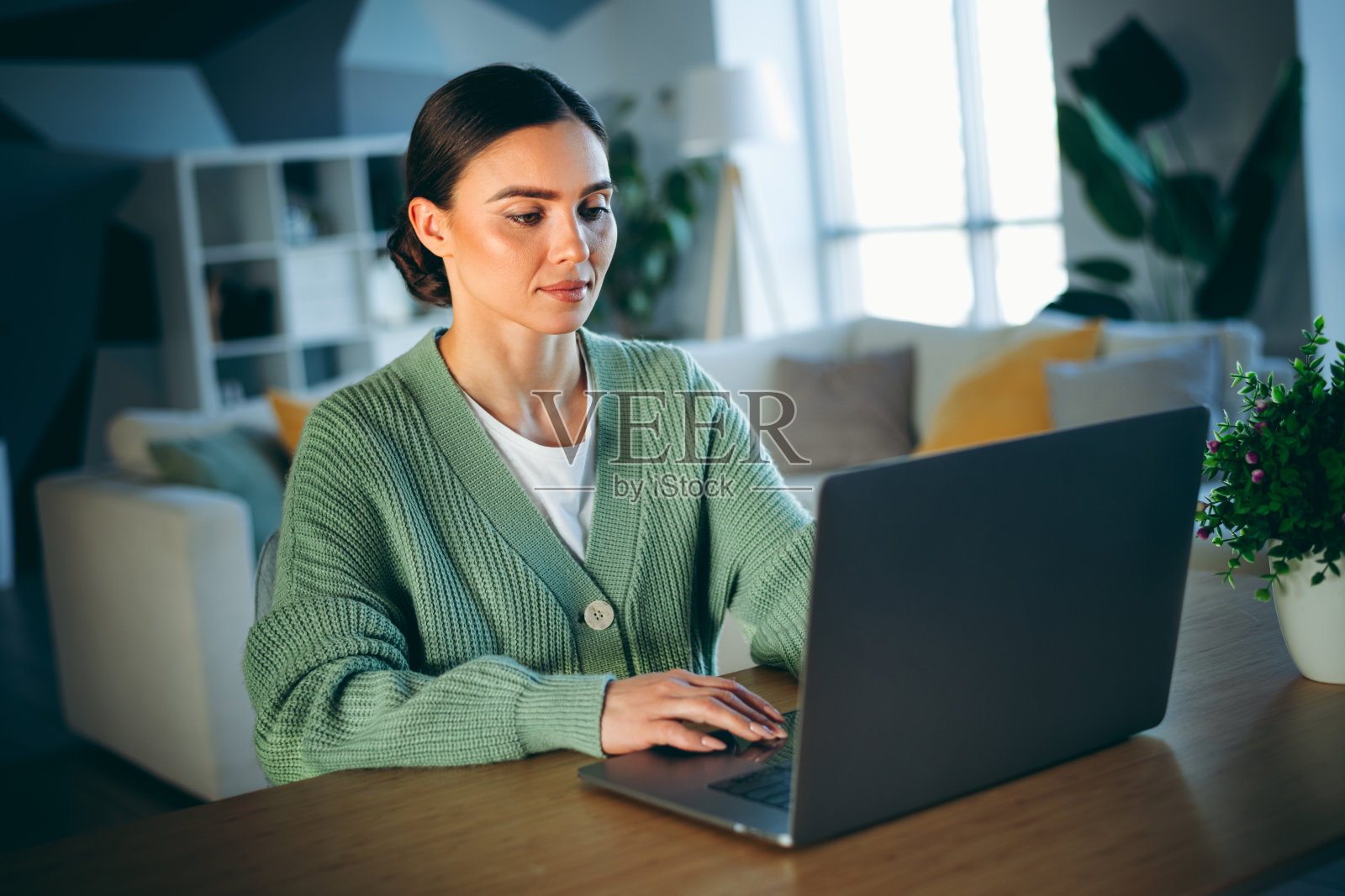 迷人的年轻女性在温馨的客厅中工作，客厅装饰得很有品味，阳光明媚的白天环境显得宁静。照片摄影图片