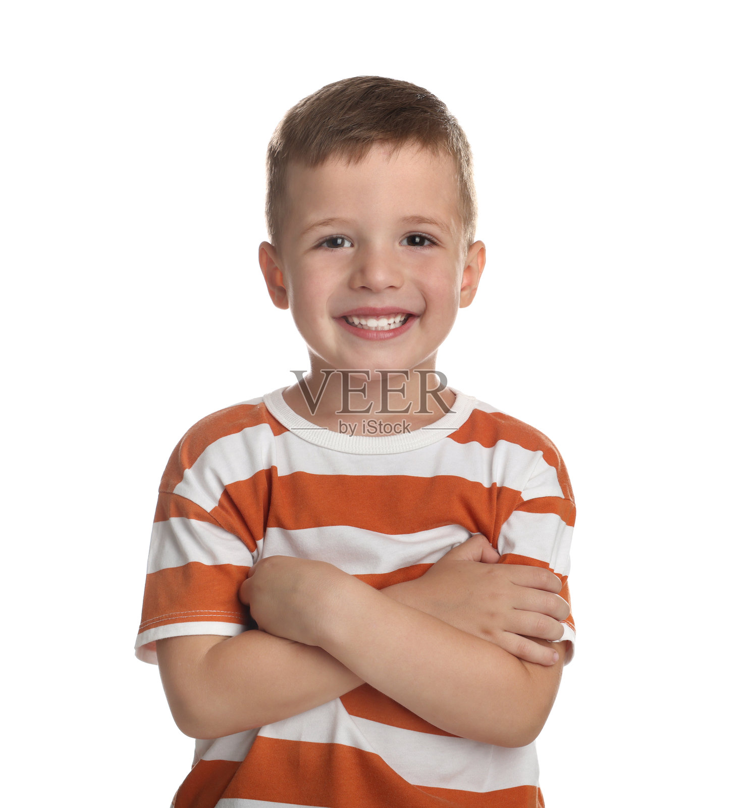 可爱小男孩的肖像，背景为白色照片摄影图片