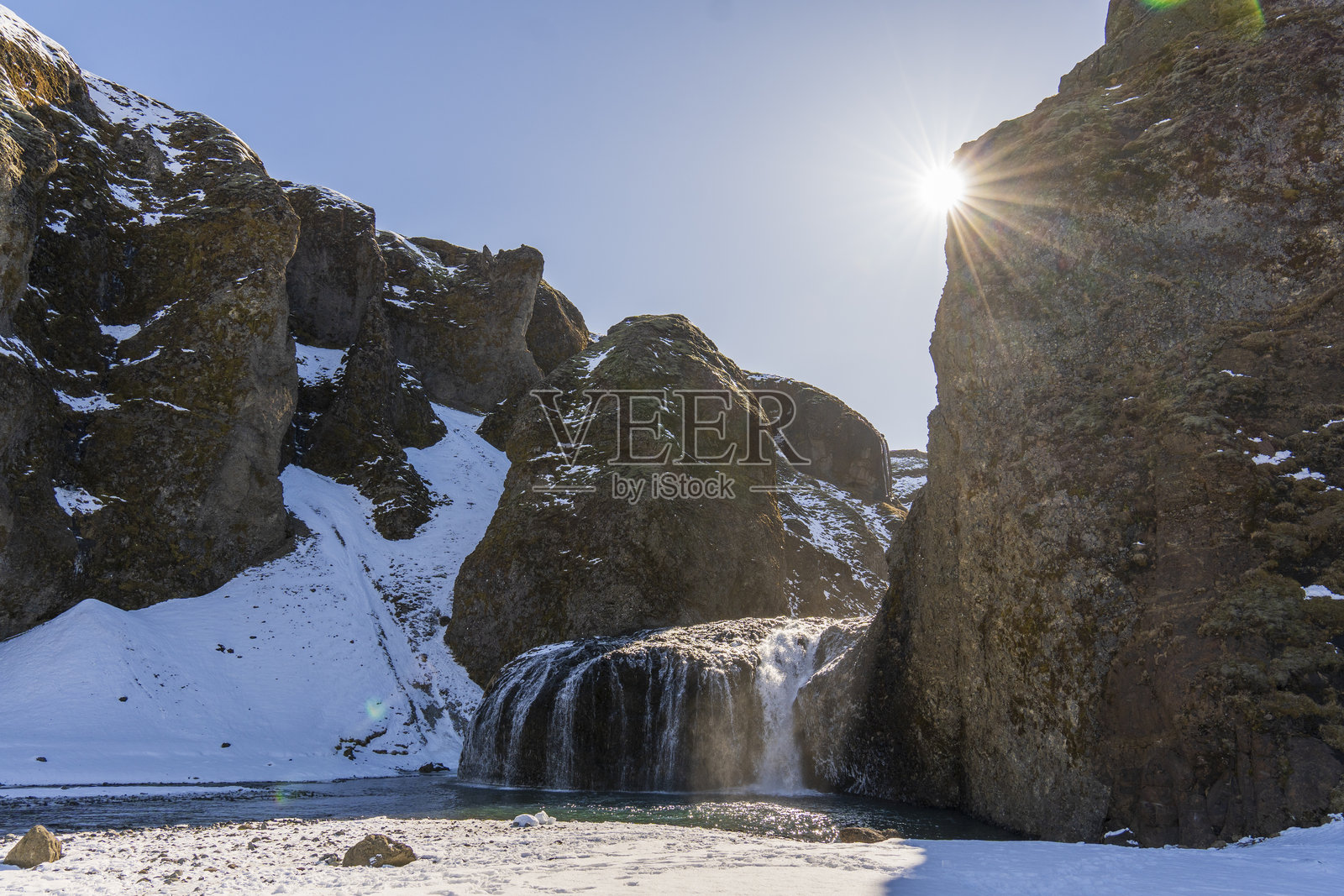 冰岛南部的斯乔尔纳瀑布在阳光明媚的早晨照片摄影图片