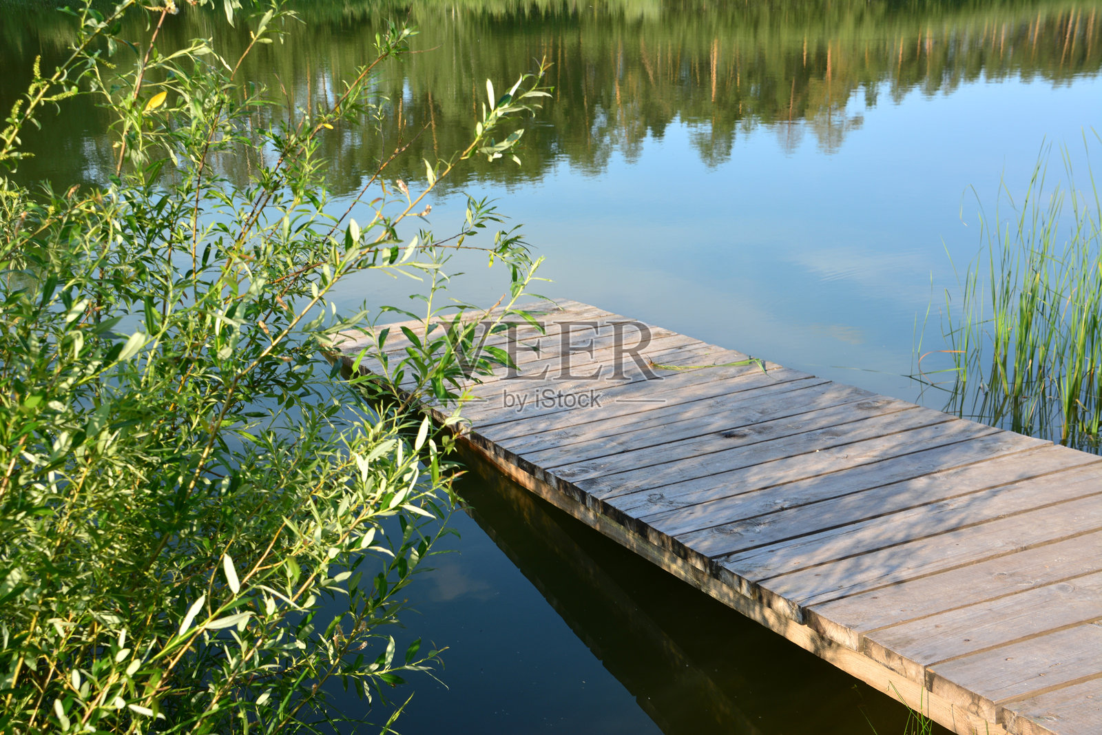 木栈道延伸至宁静的湖泊，映照着树木和天空的倒影照片摄影图片