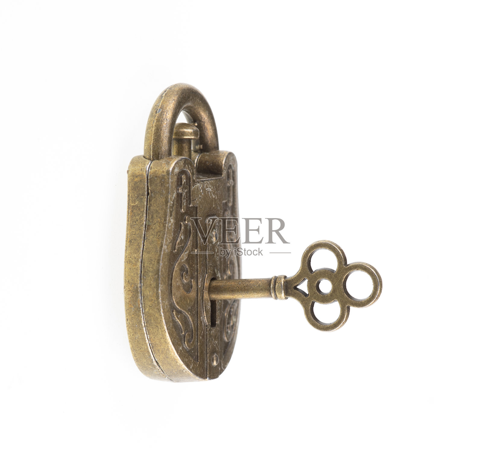 复古铜质挂锁，孤立在白色背景上照片摄影图片