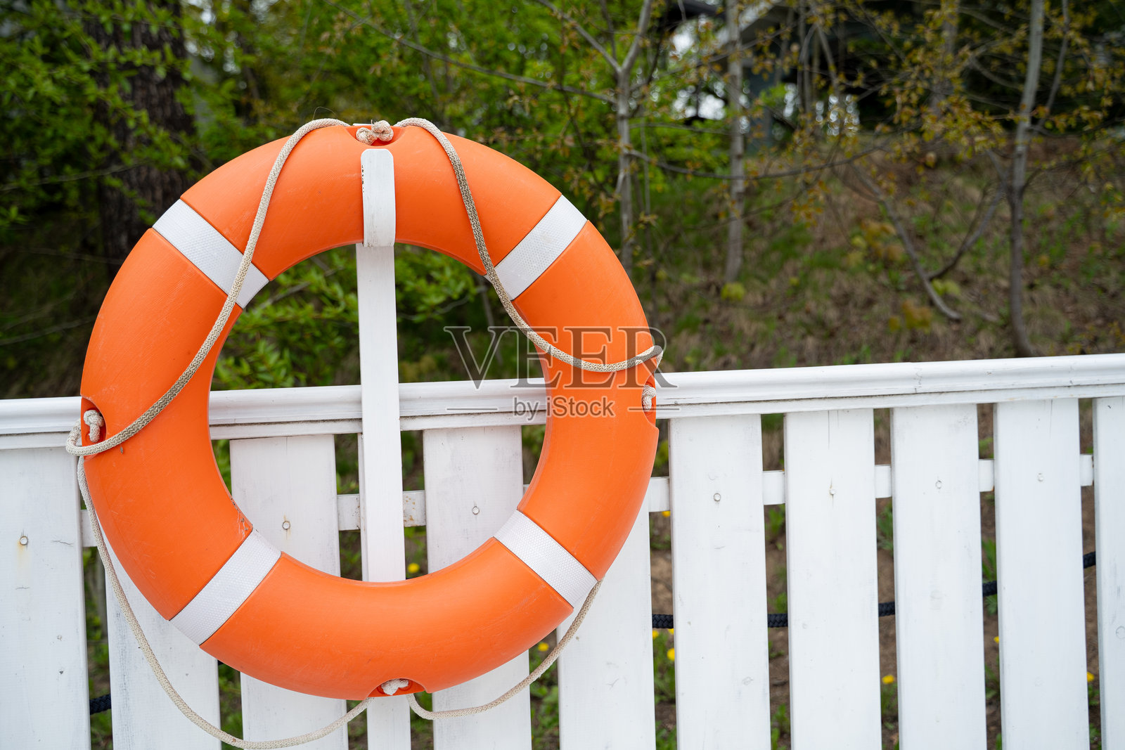 橙色救生圈挂在白色格栅围栏上，背景是海岸的森林。照片摄影图片