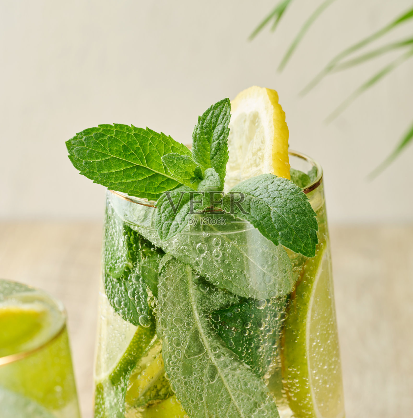 一枝薄荷放在白色背景的柠檬水杯中照片摄影图片