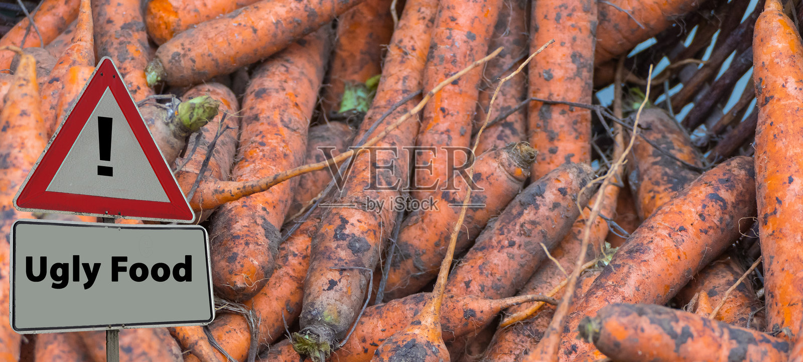 丑陋食物的标志在胡萝卜前面照片摄影图片