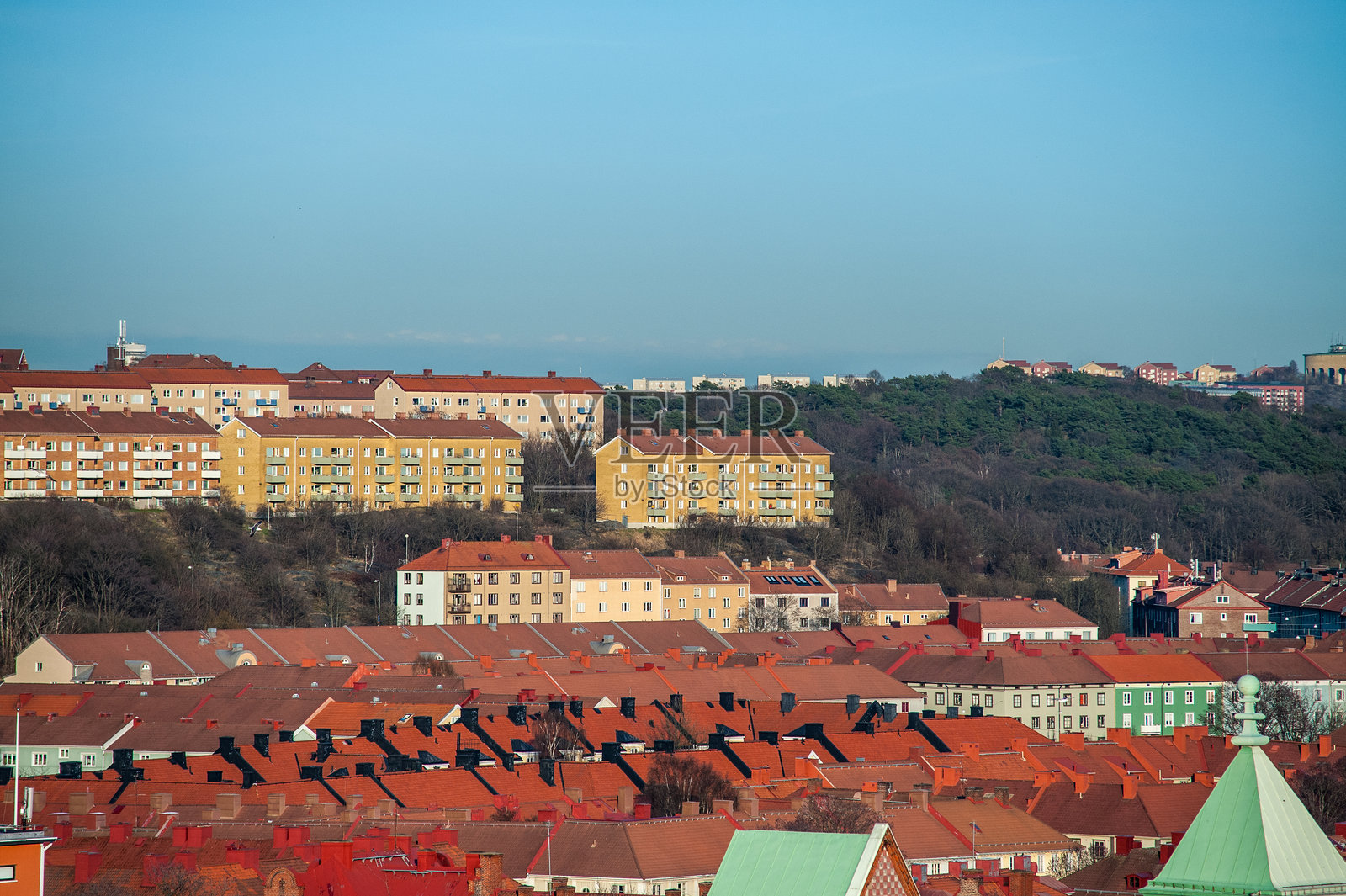 红顶的山坡社区。照片摄影图片
