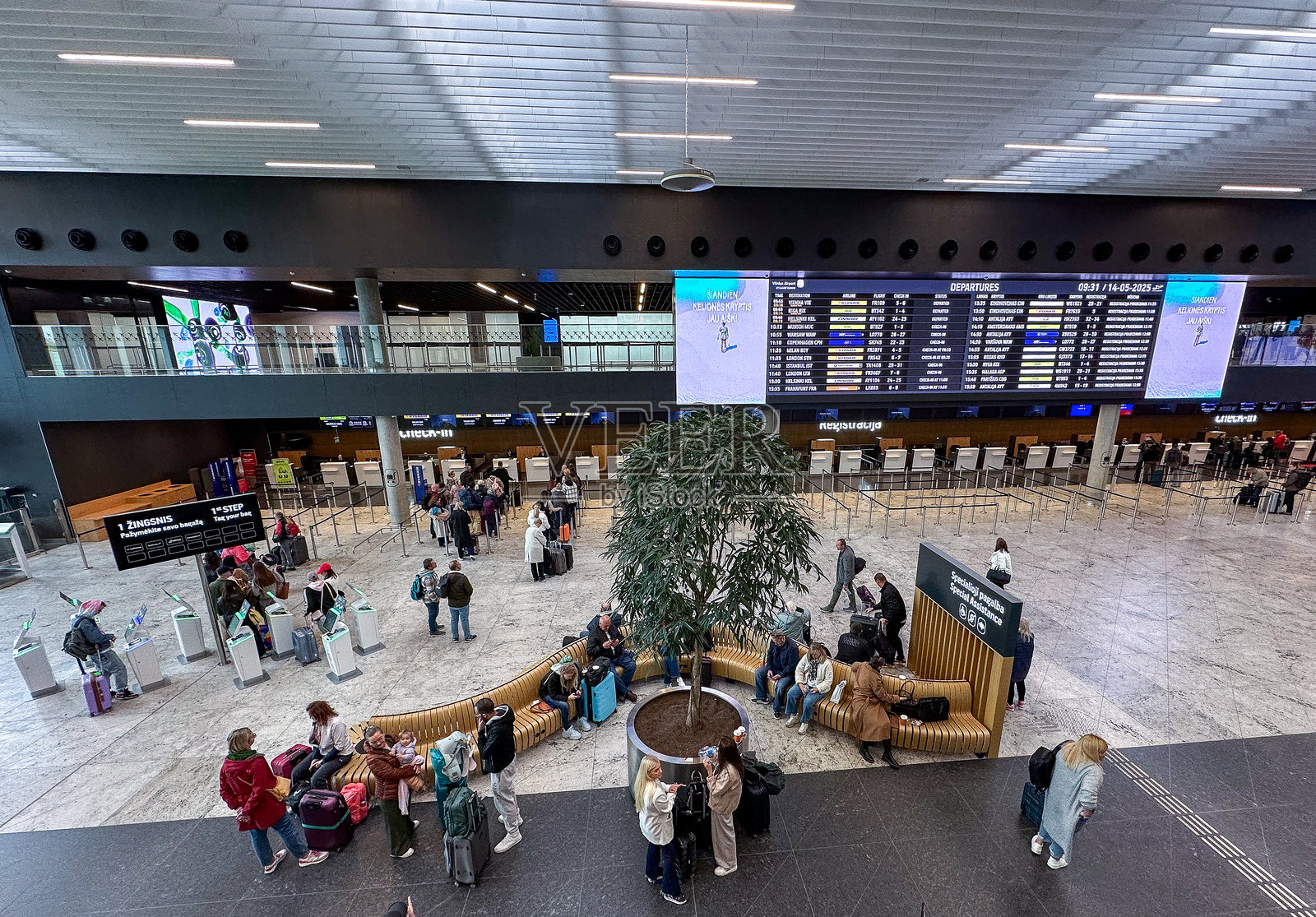 维尔纽斯机场候机区的宽阔视野，设有树木种植箱和数字显示屏照片摄影图片
