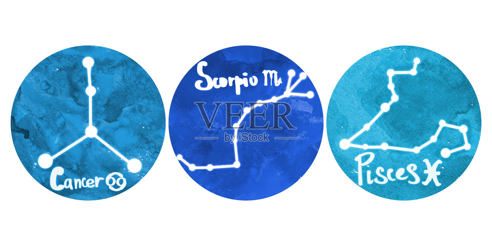 水元素的星座水彩符号：巨蟹座、天蝎座、双鱼座。蓝色手绘的占星符号模板，独立于白色背景，适用于星座、占星、贴纸。插画图片素材