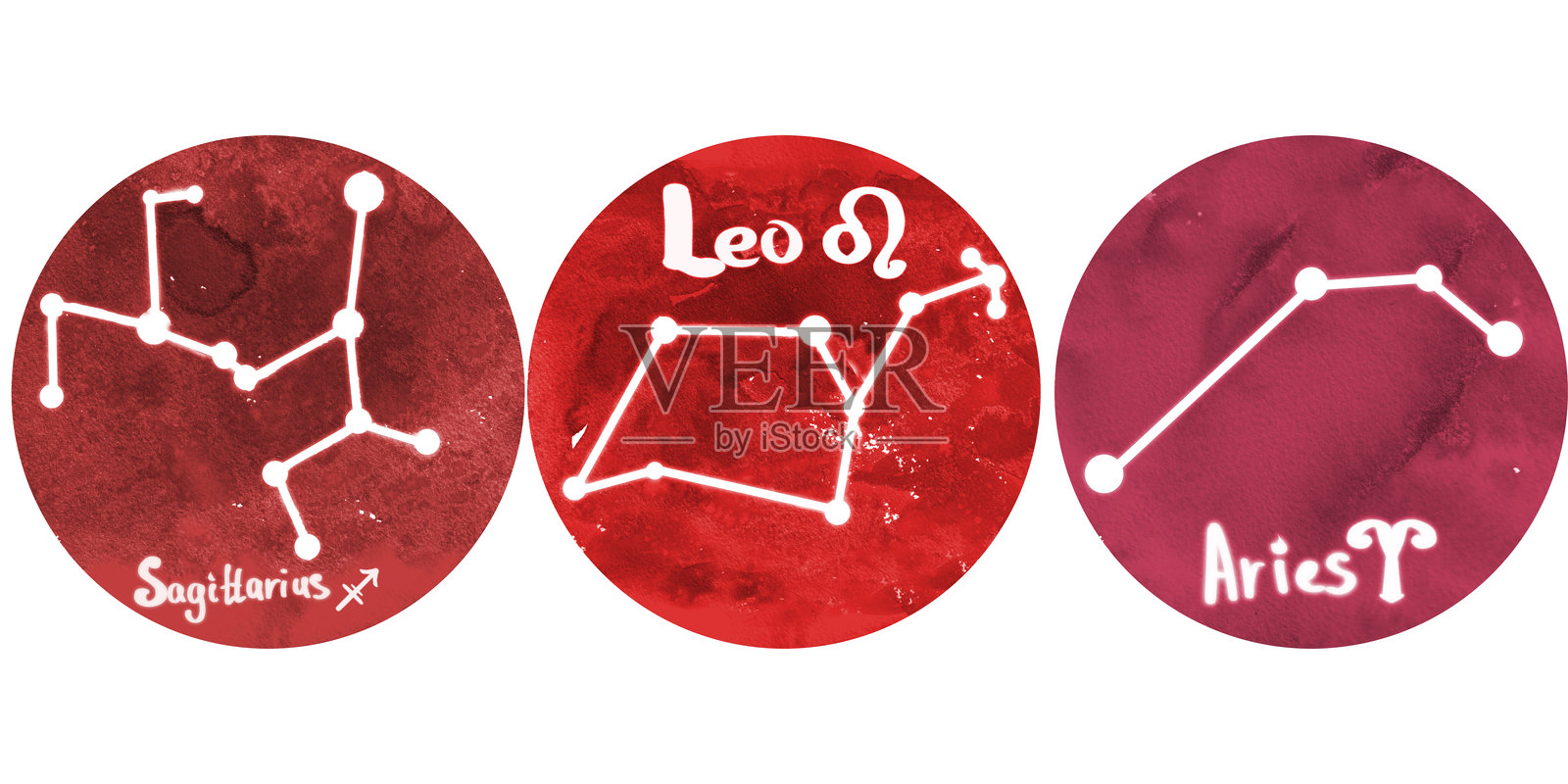 水元素的星座水彩符号：白羊座、狮子座、射手座。红色手绘的占星符号模板，独立于白色背景，适用于星座、占星、贴纸。插画图片素材