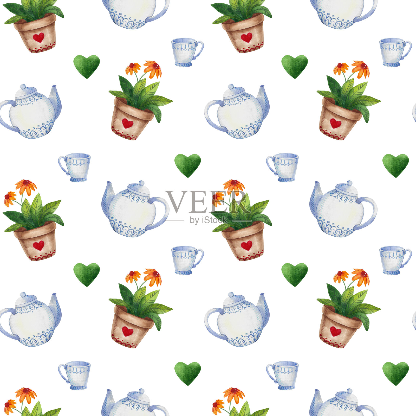 无缝图案。假日系列手绘水彩元素，包括茶具、帽子、信件、花盆、雨伞和云朵。插画图片素材