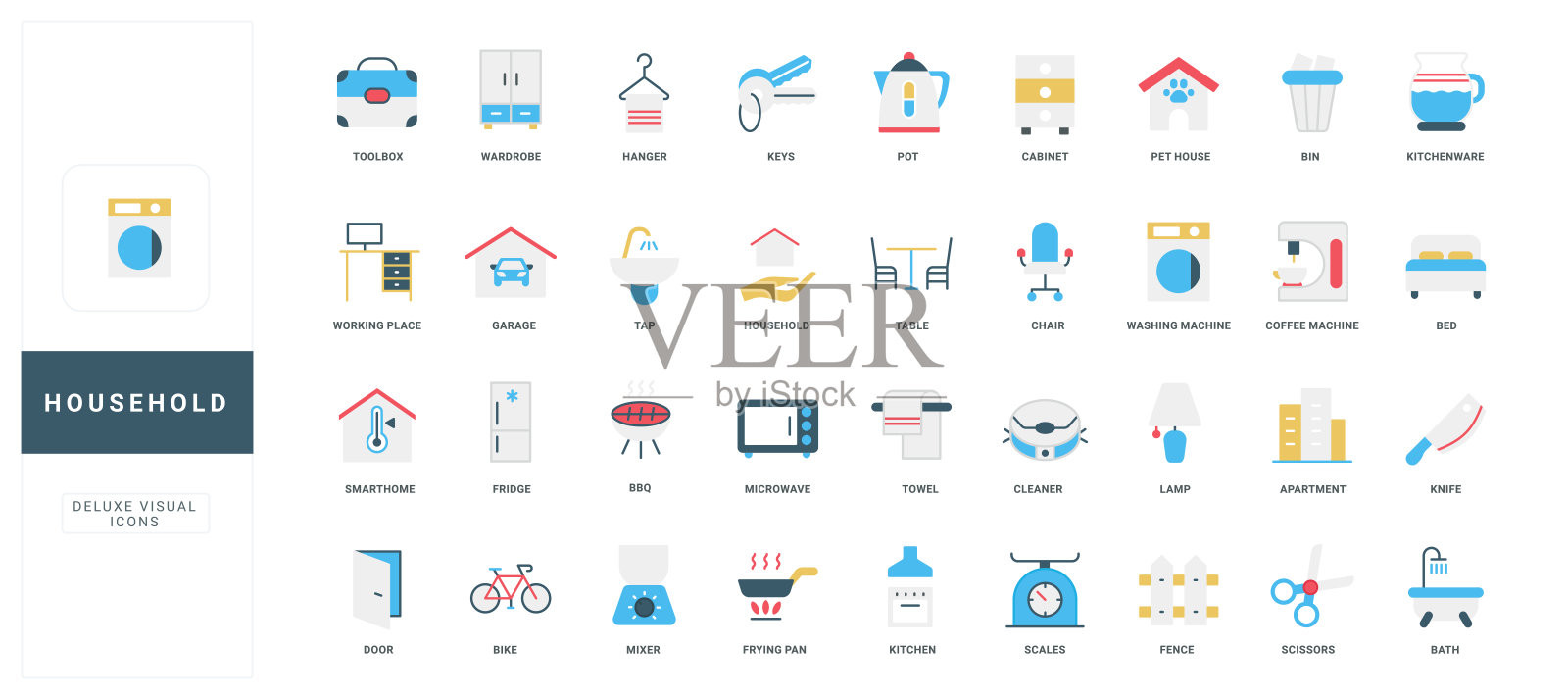 家居、电器和照明、车库和洗衣房、家具彩色图标集插画图片素材