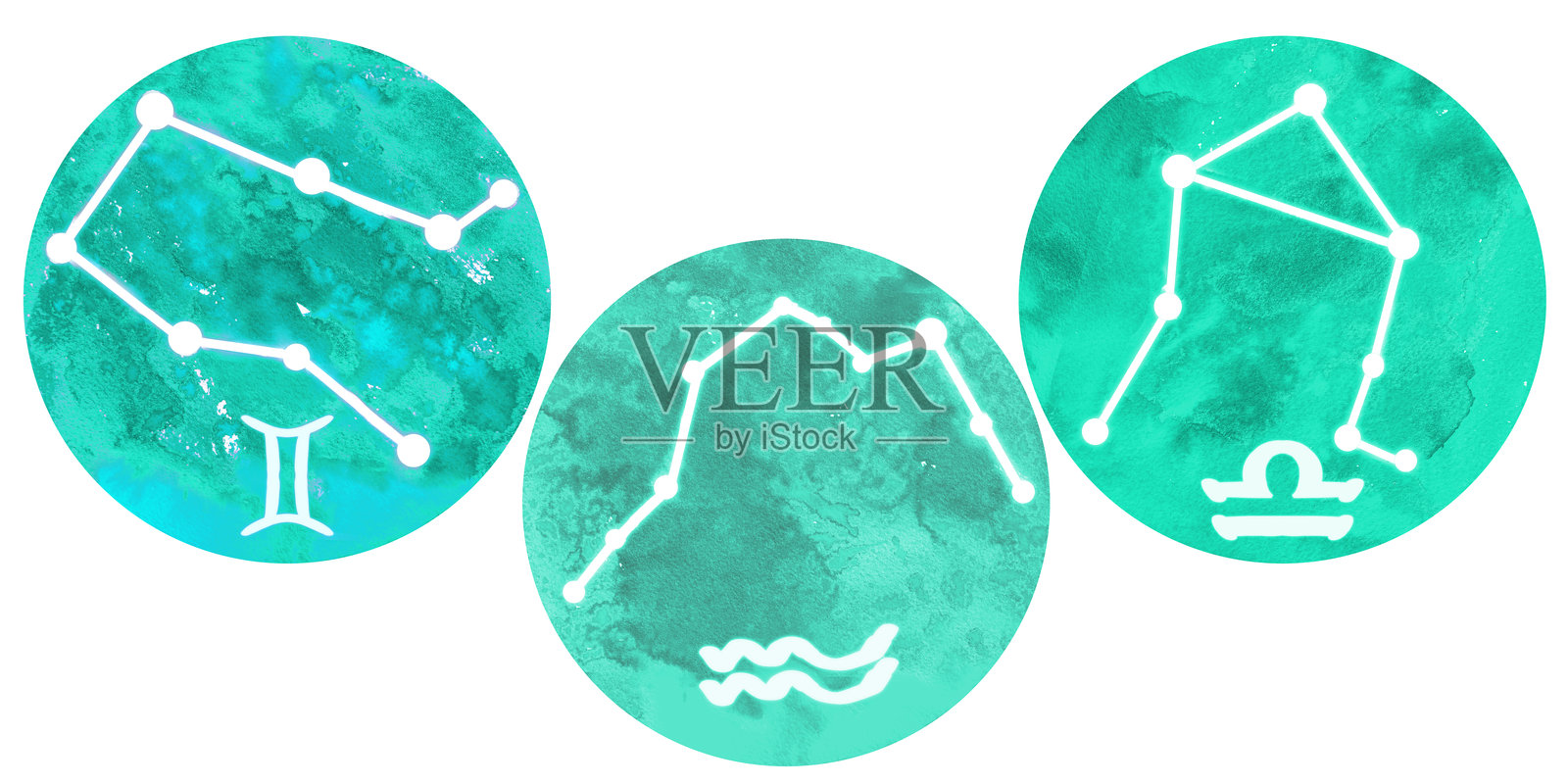 空气元素的星座水彩符号：双子座、天秤座、水瓶座。蓝色手绘的占星符号模板，独立于白色背景，适用于星座、占星、贴纸。插画图片素材