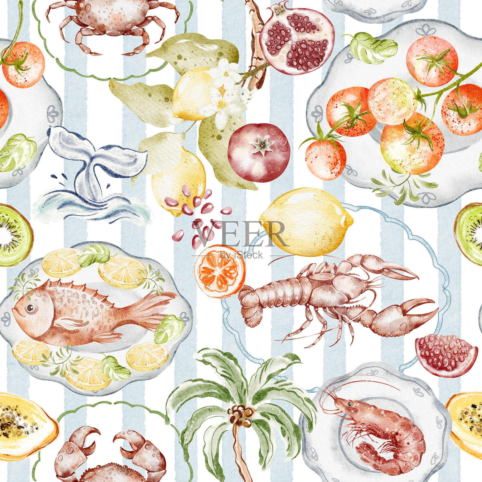 地中海无缝水彩海鲜图案插画图片素材