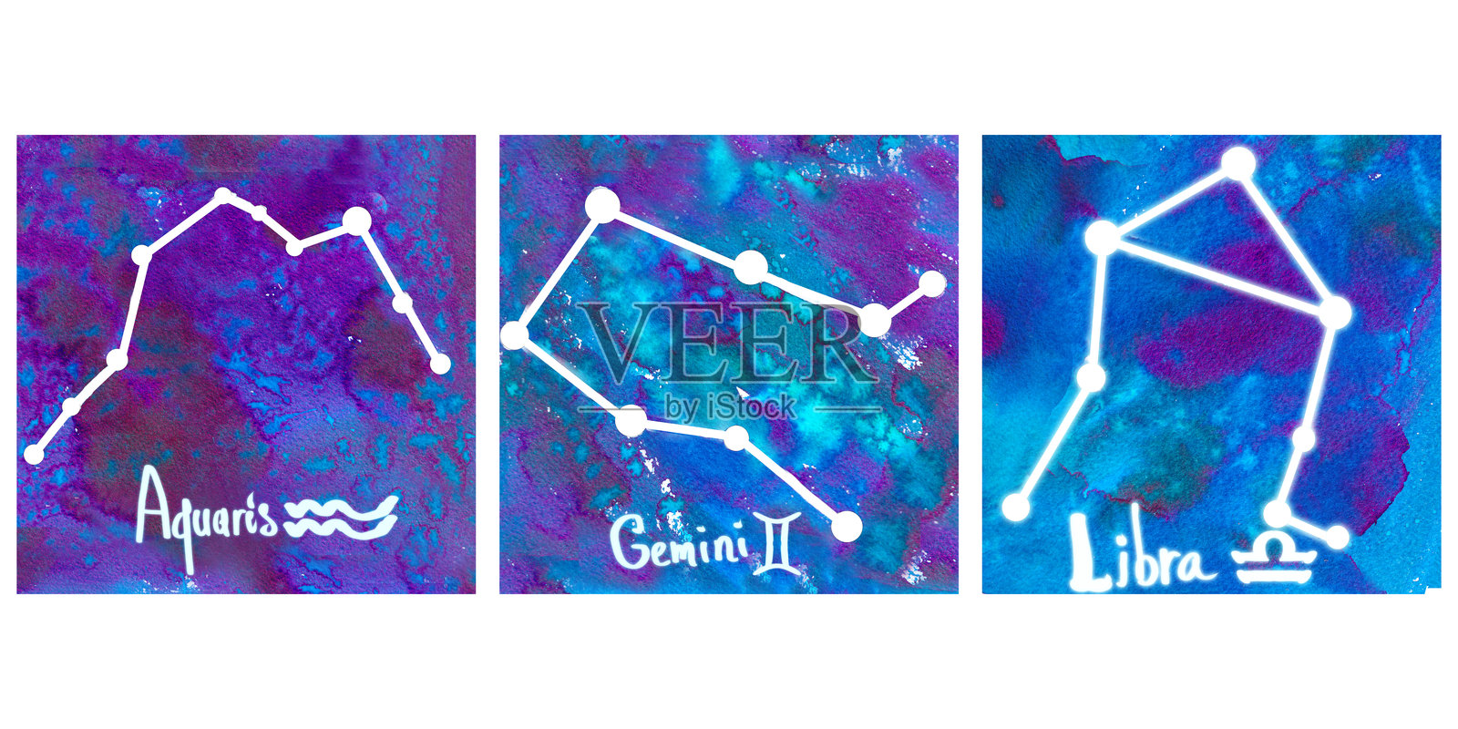 空气元素的星座水彩符号：双子座、天秤座、水瓶座。蓝色手绘的占星符号模板，独立于白色背景，适用于星座、占星、贴纸。插画图片素材