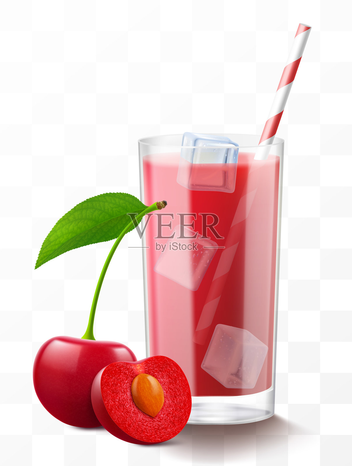 一杯新鲜樱桃汁或冰沙，配有吸管和冰块。装有成熟甜樱桃的鸡尾酒或果酱杯，背景透明。逼真的3D矢量插图。插画图片素材