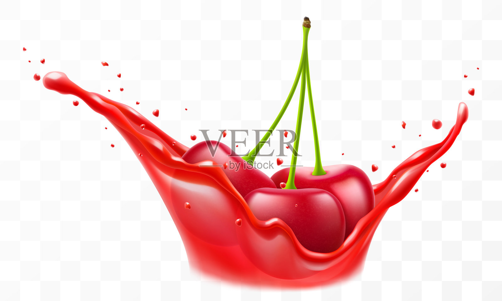 新鲜成熟的樱桃掉入果汁飞溅中，背景透明。逼真的3D矢量插图。夏季维生素食品和饮料。樱桃浆果冰沙飞溅。插画图片素材