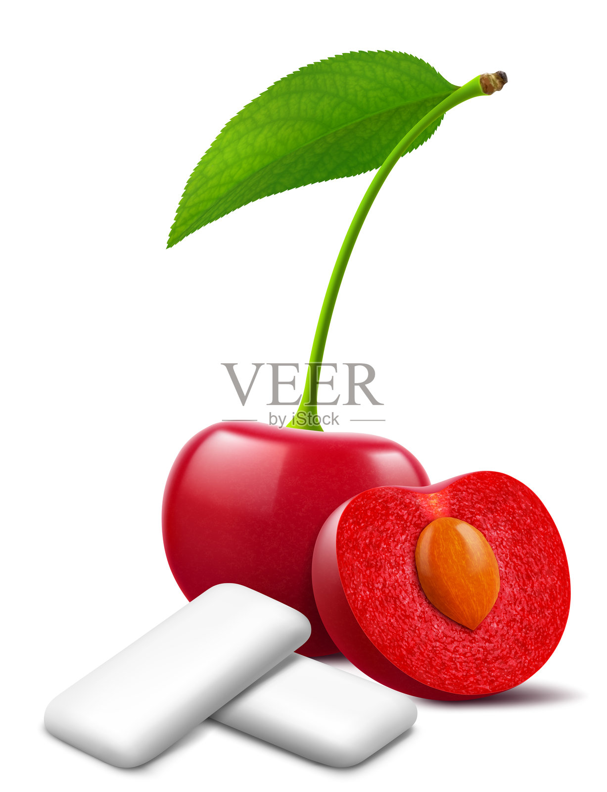 樱桃味的泡泡糖。薄荷味泡泡糖片，清新口气。健康牙齿和口腔卫生的口香糖。清爽的糖果。逼真的3D矢量插图。插画图片素材