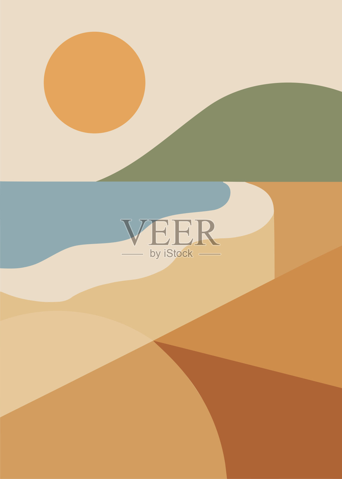 海滩艺术插图。用于装饰、印刷和背景的矢量图。几何形状的太阳、海洋、天空和沙滩。插画图片素材