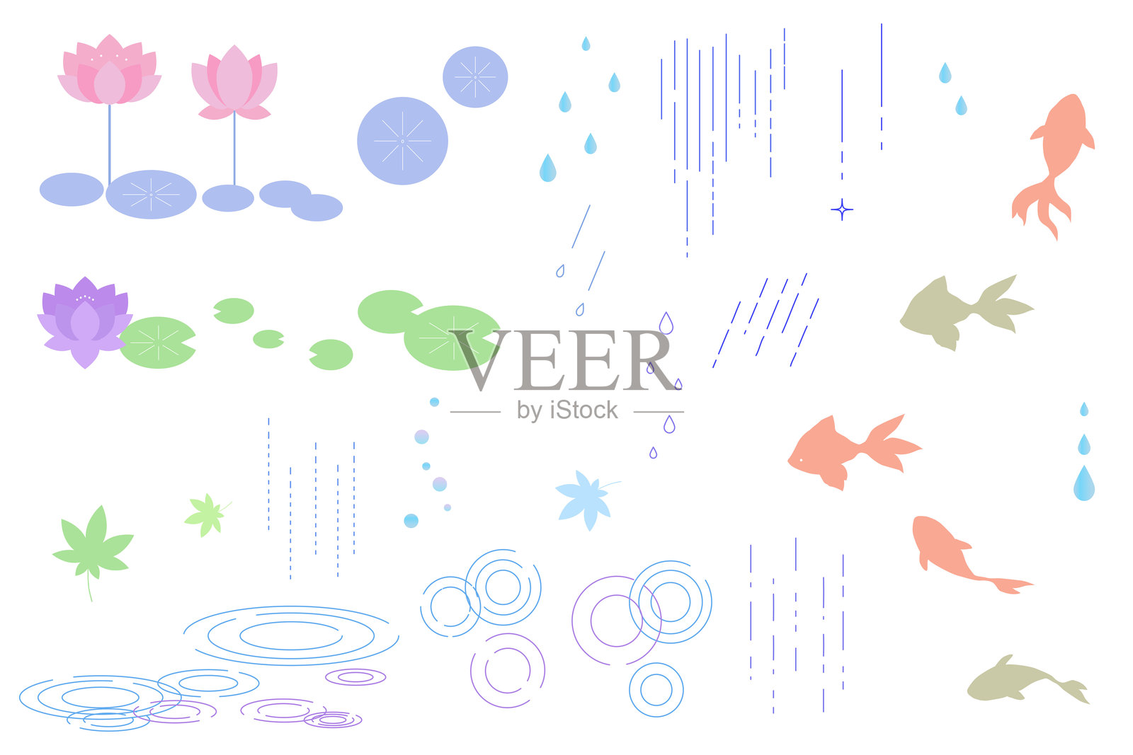 简单的插图集：雨、水花和莲花插画图片素材