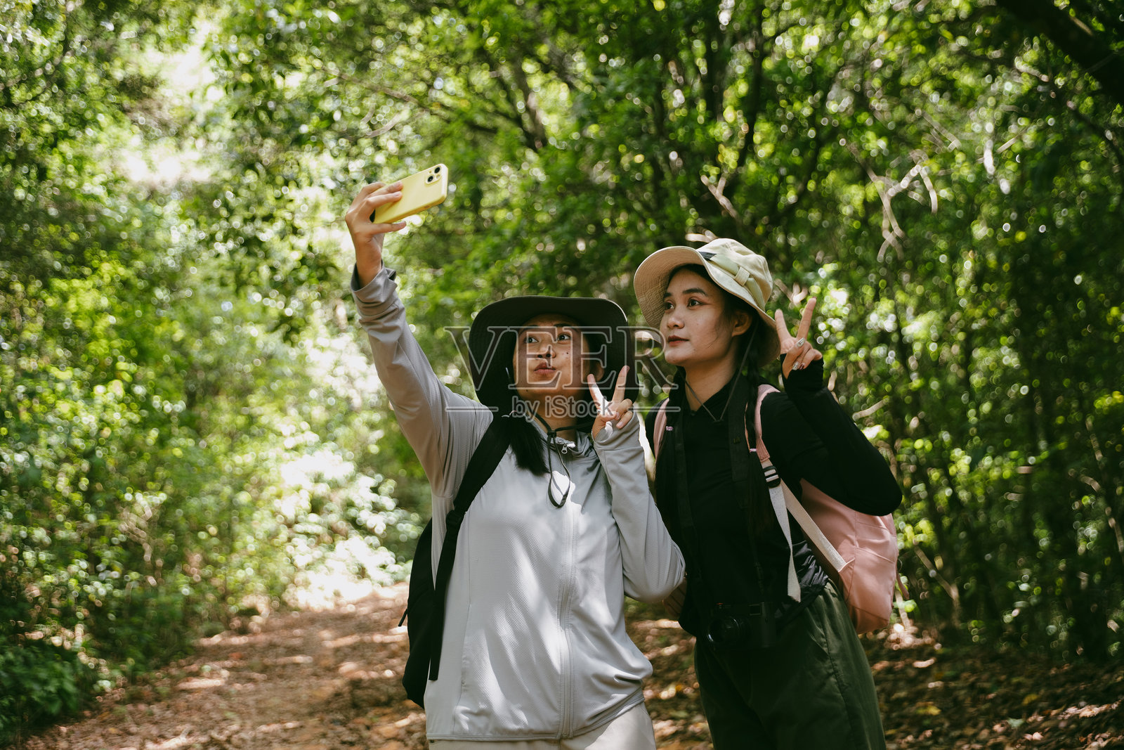 两个背着背包的女性朋友在乡村度假徒步旅行。亚洲女孩背包客在森林中一起旅行。她们在阳光明媚的日子里快乐地享受徒步旅行。照片摄影图片