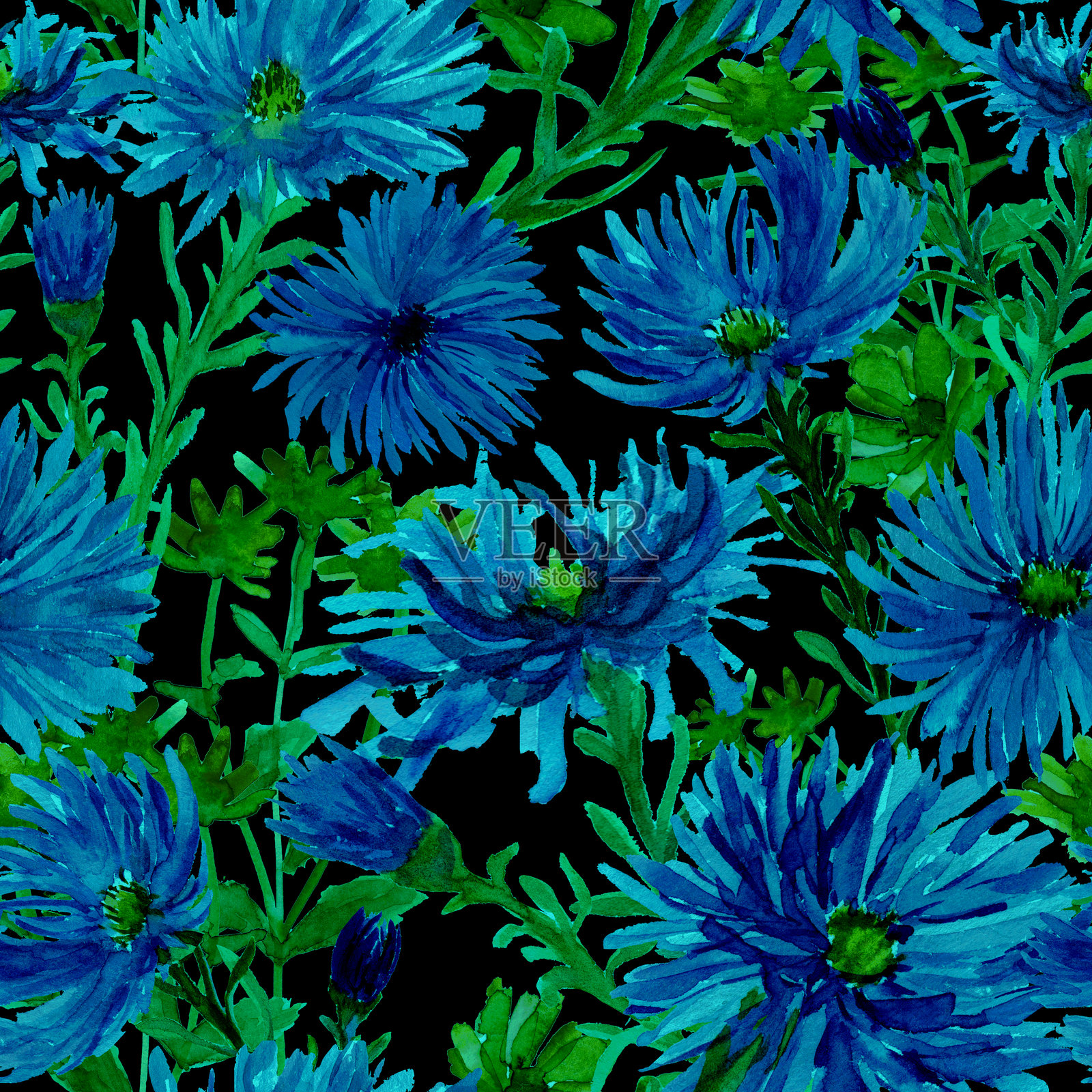 无缝图案，抽象盛开的紫菀花。霓虹蓝色和粉色花瓣，细小印花。乡村花园花卉。适用于面料、纺织品、表面、封面模板。霓虹光辉背景。插画图片素材