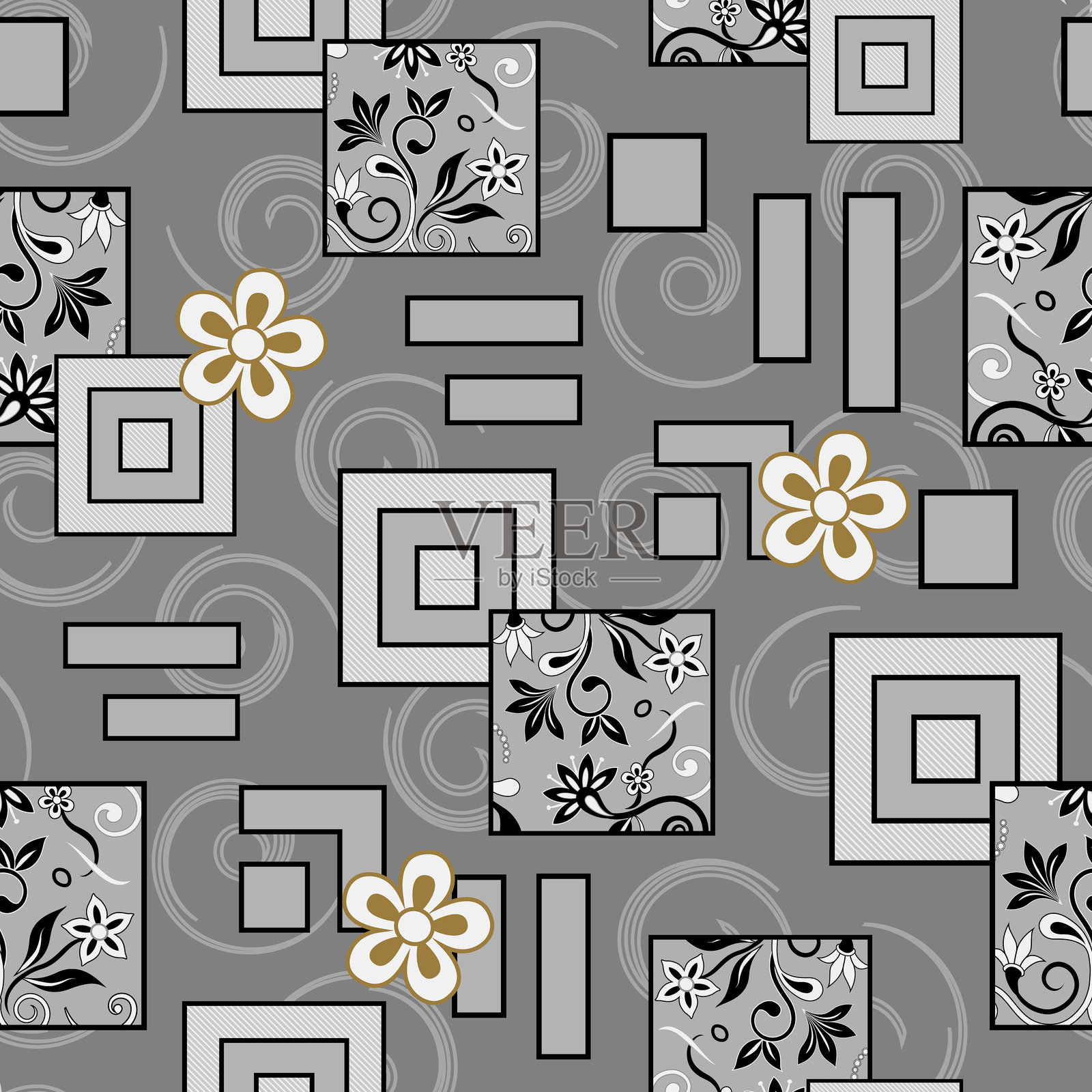 现代奢华壁纸的灰色、黑色和米色单色花卉几何图案。维多利亚风格的无缝边框。矢量插图。插画图片素材