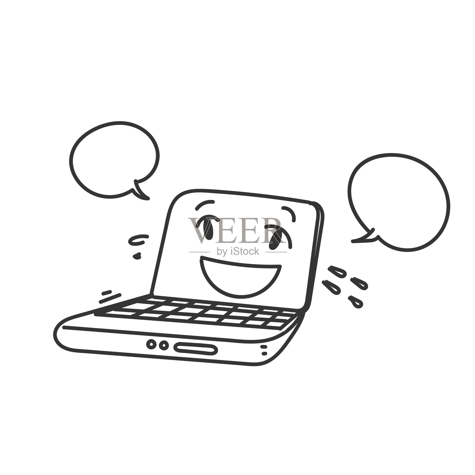 带有卡通面孔和对话气泡的笔记本电脑插画图片素材