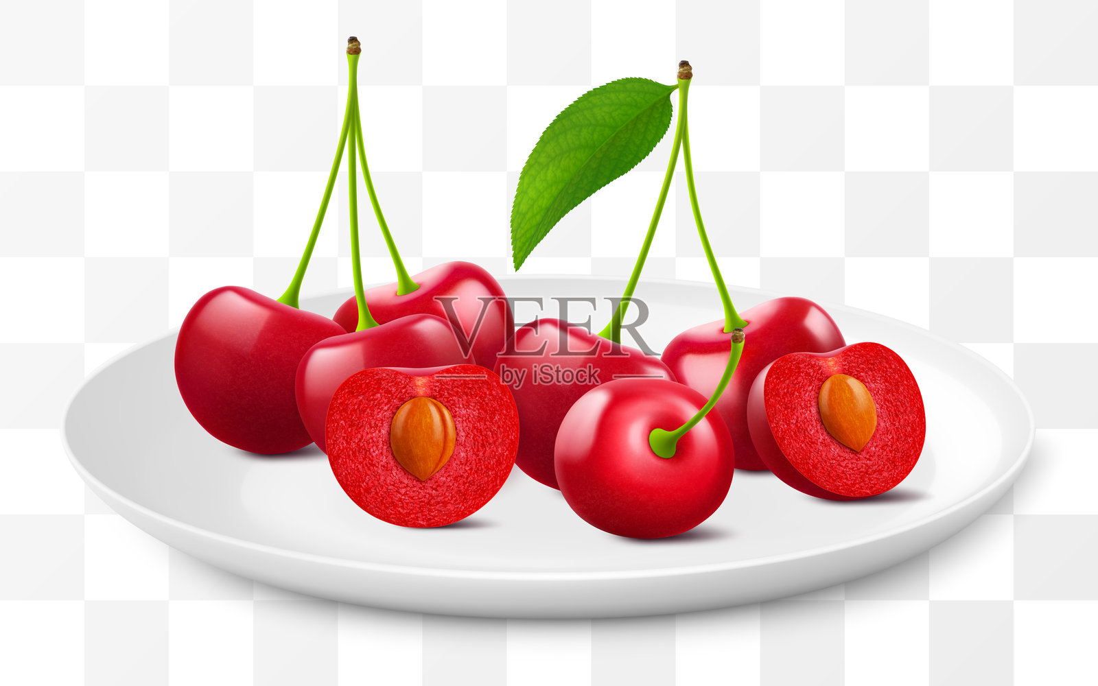 白色盘子上的成熟樱桃，背景透明。整颗红樱桃和半颗带核的樱桃。健康的维生素食品。逼真的3D矢量插图。插画图片素材
