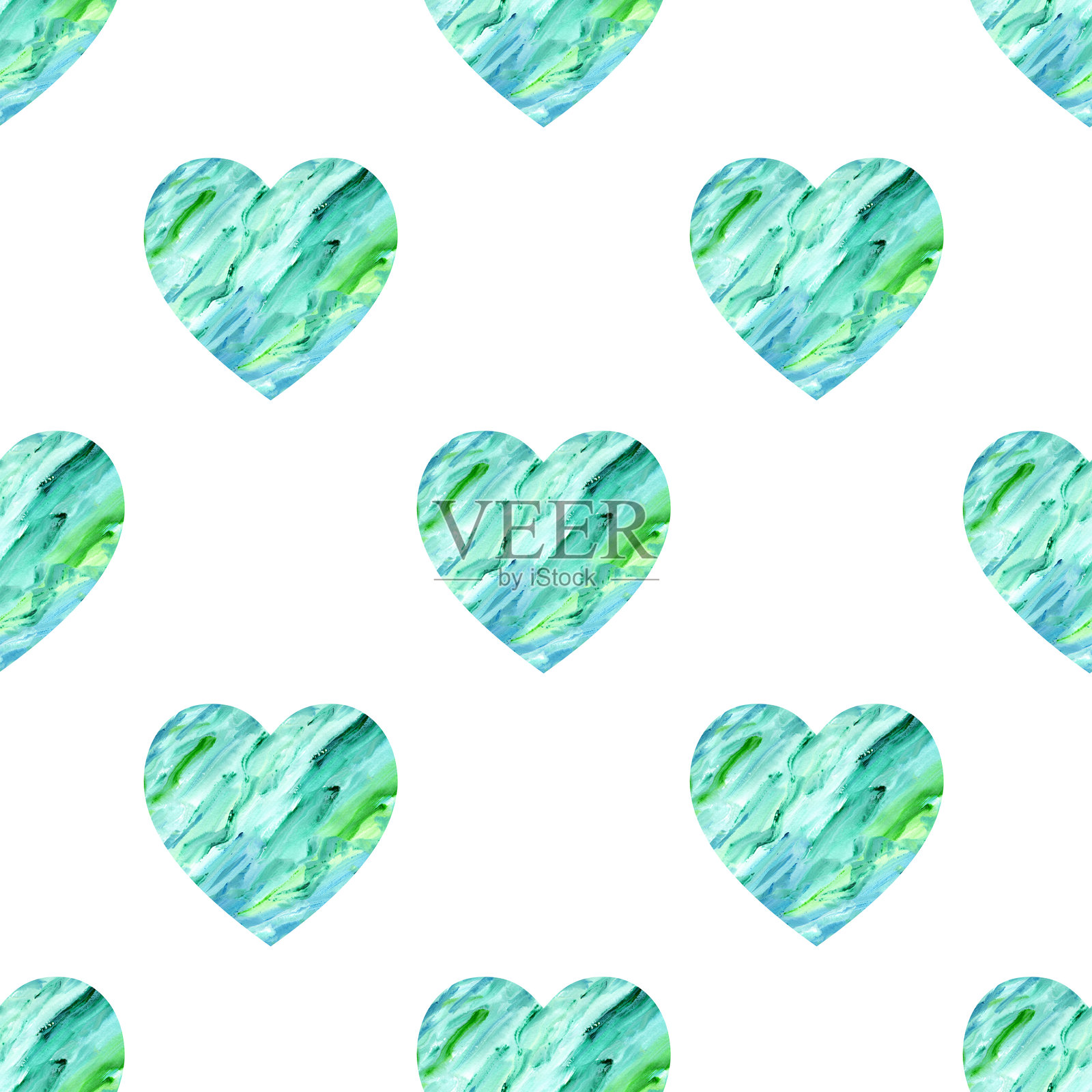 绿色和蓝色的心形，无缝图案，背景为白色。插画图片素材
