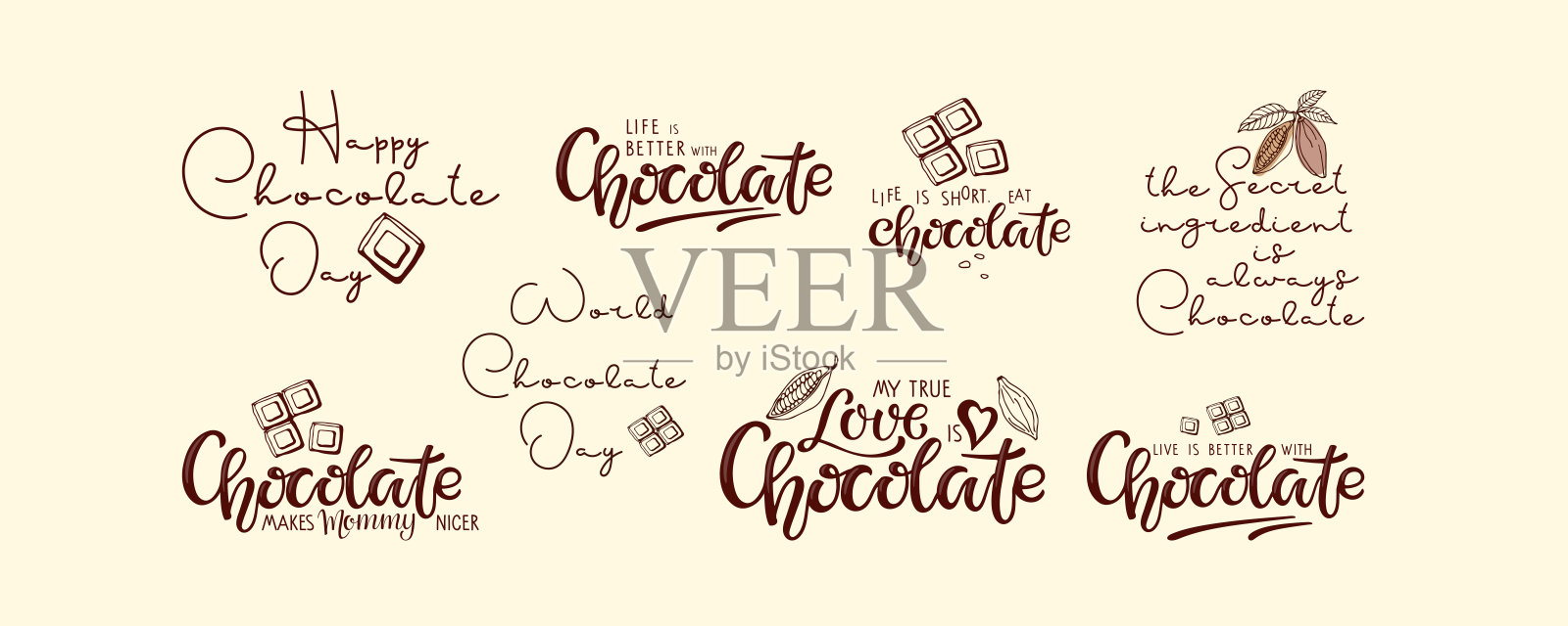 巧克力手写字母名言集。巧克力节贺卡。手写独特有趣的字母设计元素，适用于世界巧克力节海报、横幅、贴纸、标志和贺卡的排版矢量插图。插画图片素材
