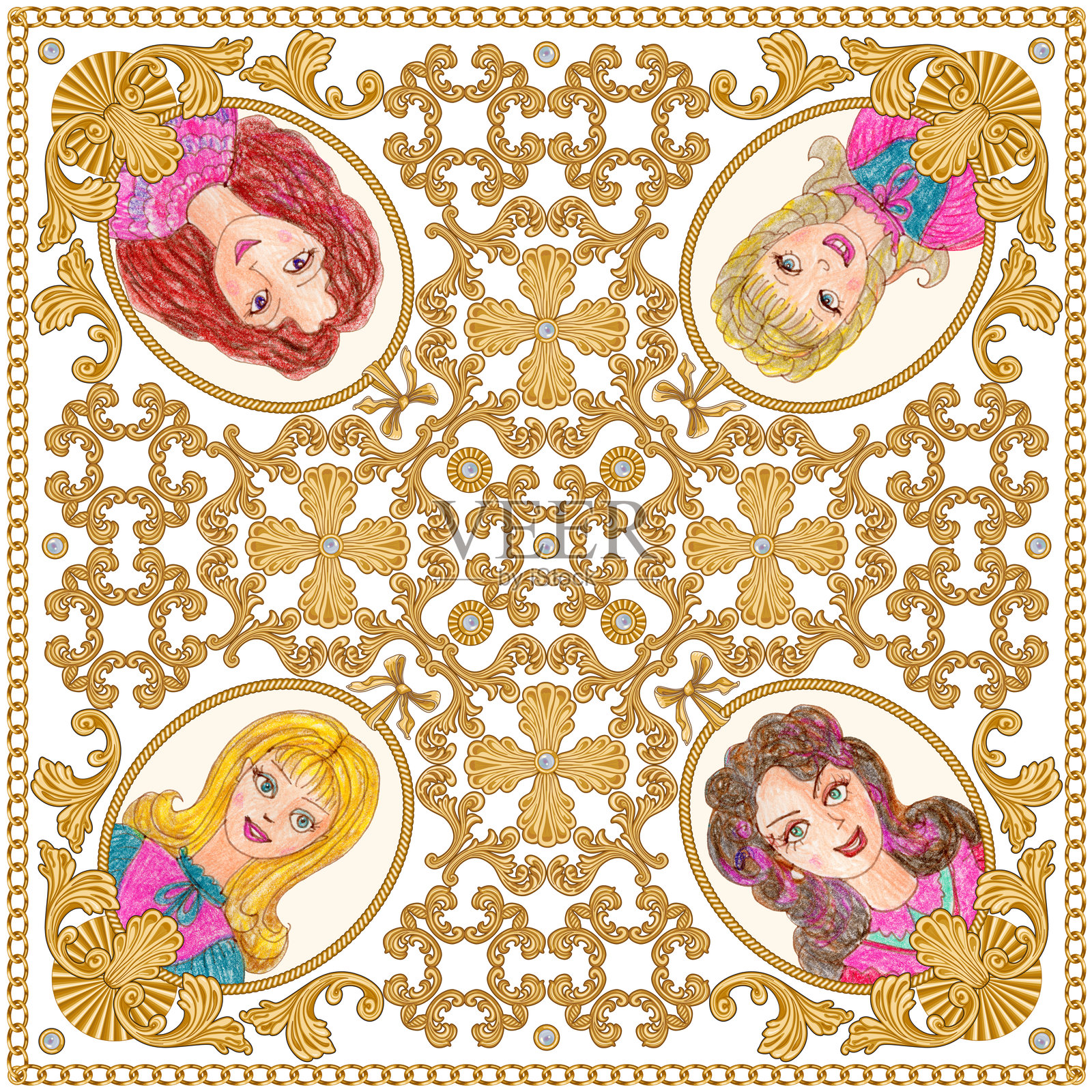 围巾，金色巴洛克卷轴图案的头巾，珍珠和用彩色铅笔手绘的女孩面孔，背景为白色插画图片素材