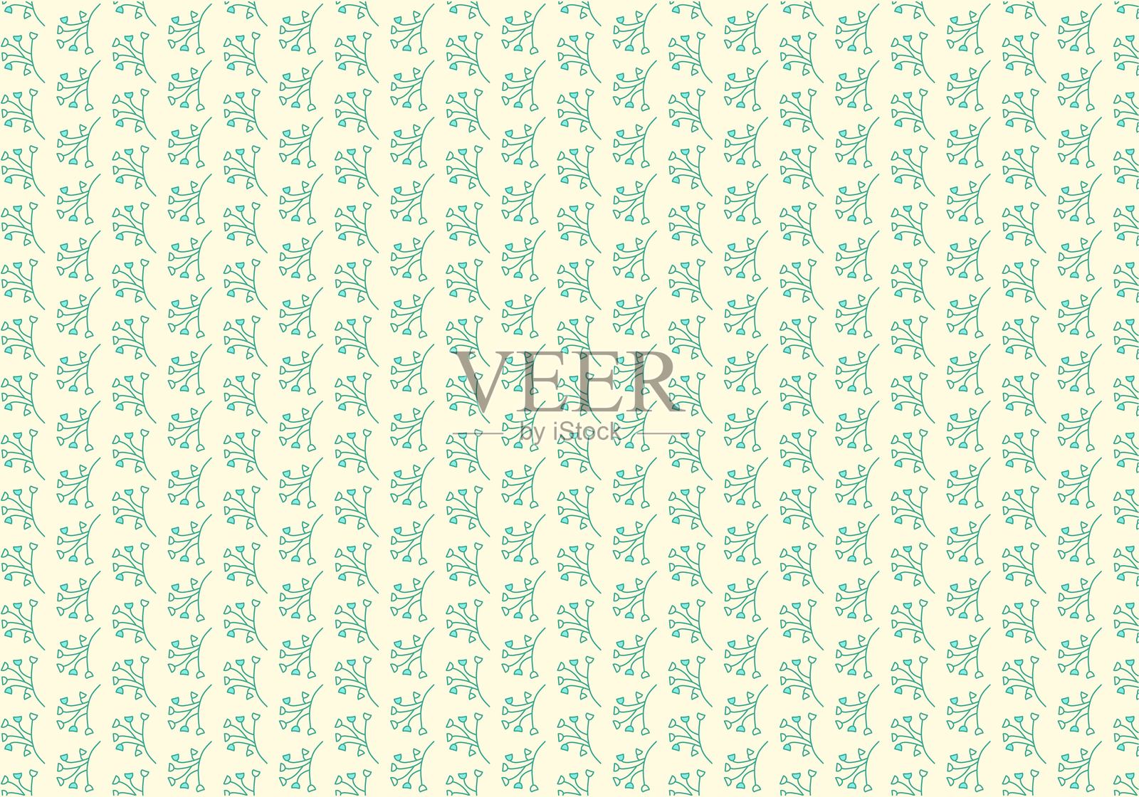 无缝矢量图案，带有绿色植物枝条和叶子，背景为米色，适合用于面料和自然设计插画图片素材