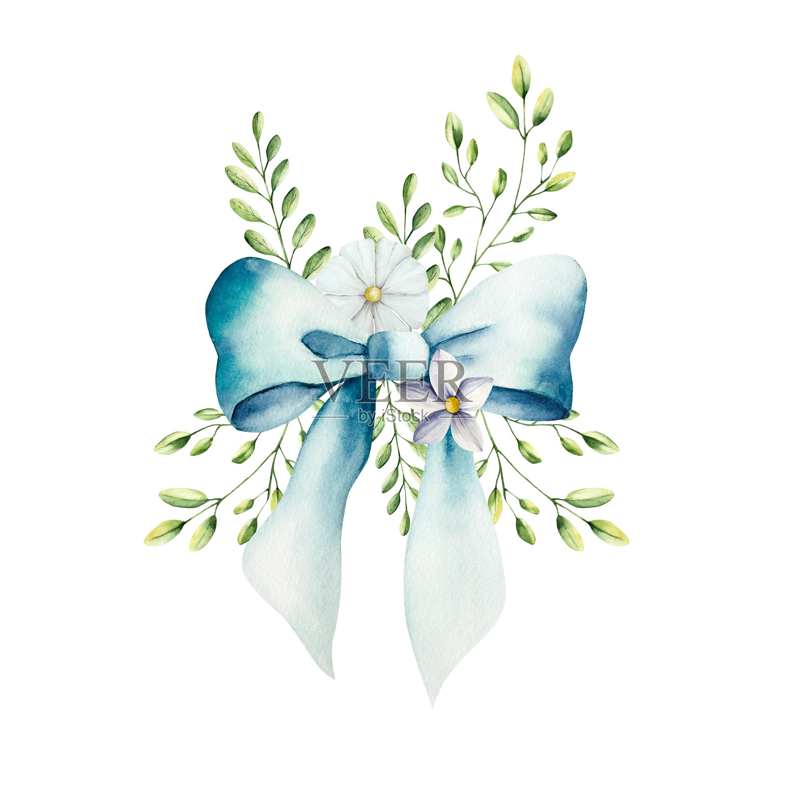 装饰性的蓝色蝴蝶结，长丝带，春季花卉和带叶子的树枝。水彩手绘的非洲菊、洋甘菊和紫锥花插图，背景透明png。植物学和婚礼插图。婴儿洗礼设计元素。派对。插画图片素材
