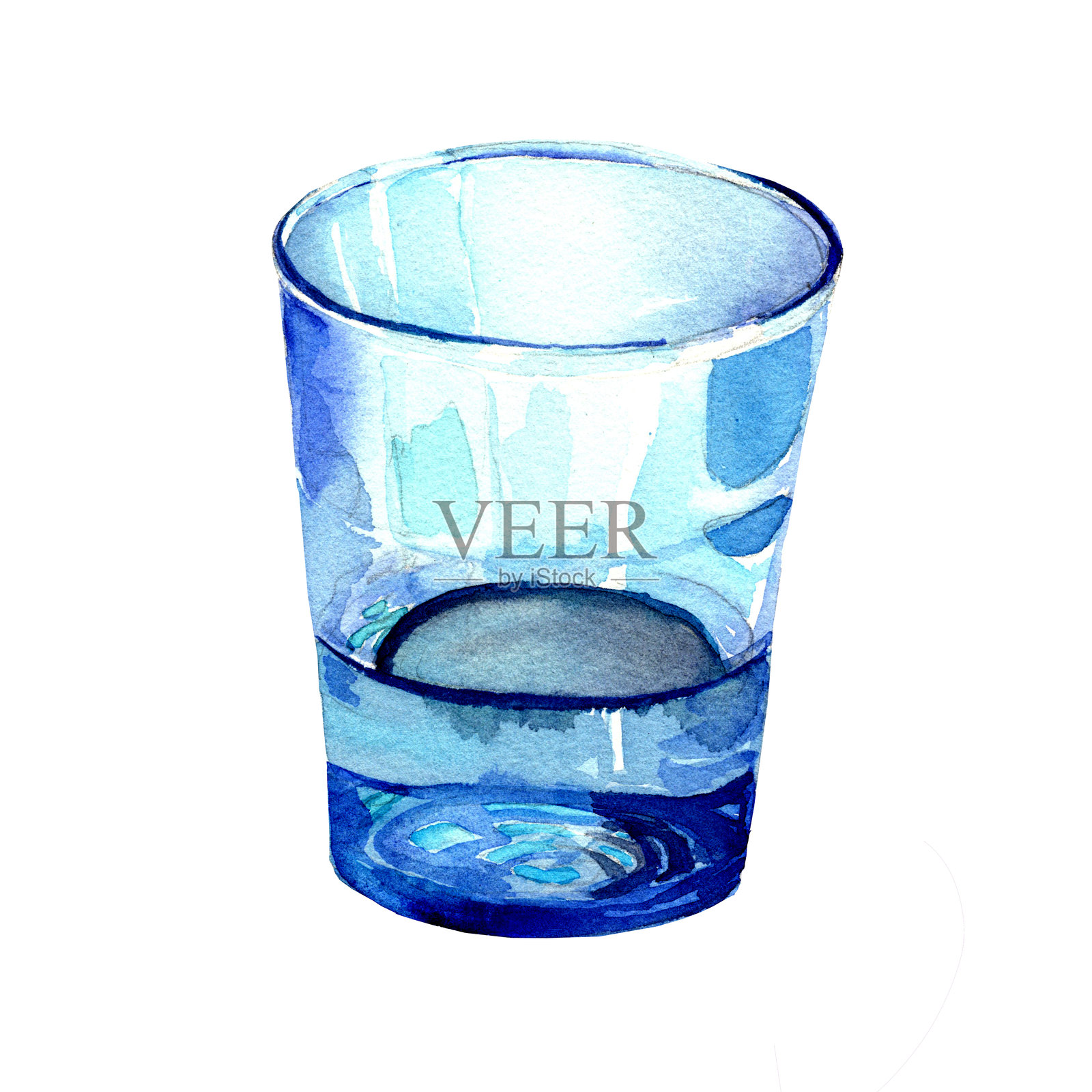水彩手绘的半满水杯。蓝色玻璃杯的模板。透明玻璃的插图。一杯伏特加。适用于季节性优惠、装饰、菜单、食谱和派对手工艺的设计。插画图片素材
