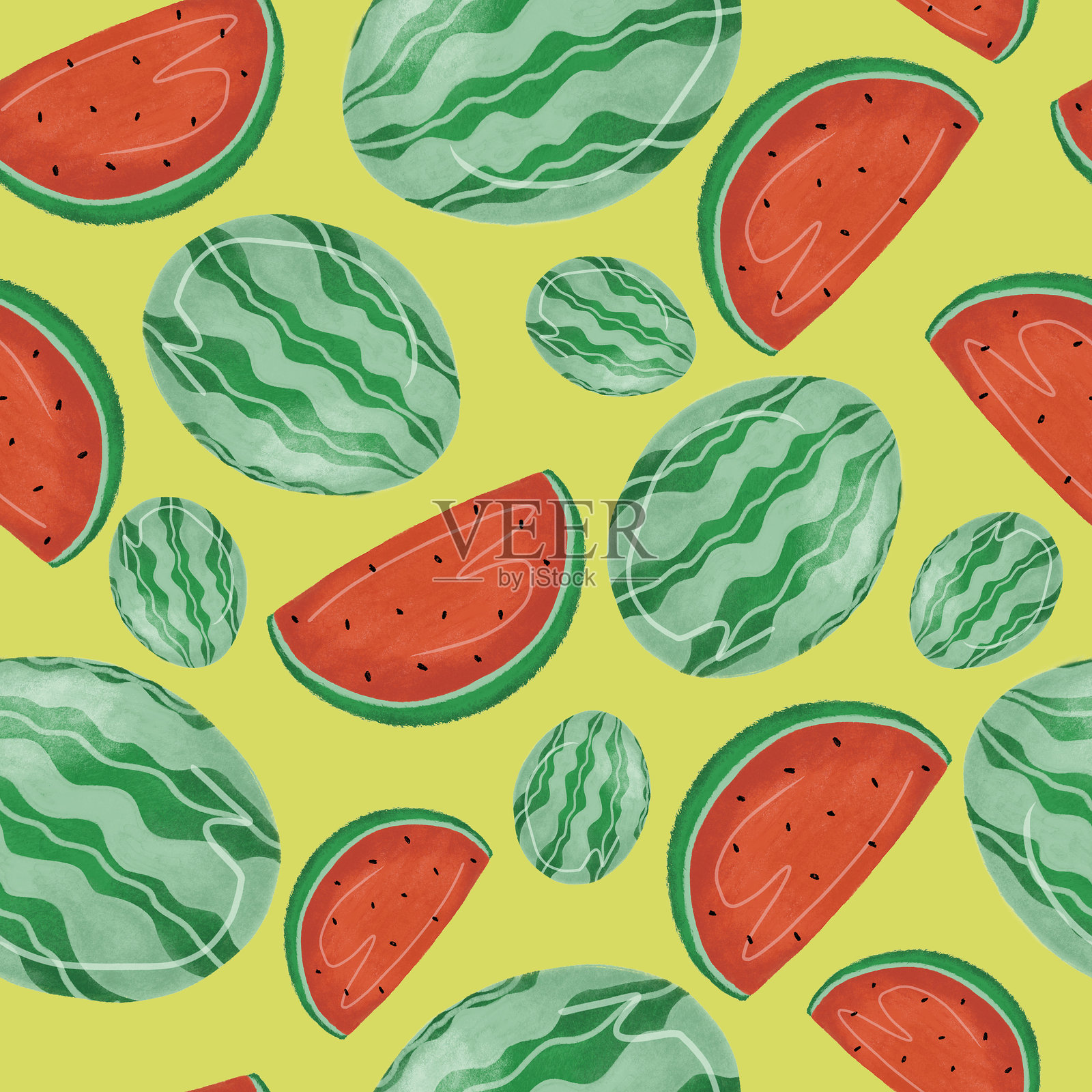 无缝西瓜图案 – 手绘整只和切片西瓜在浅绿色背景上 – 夏季水果设计插画图片素材