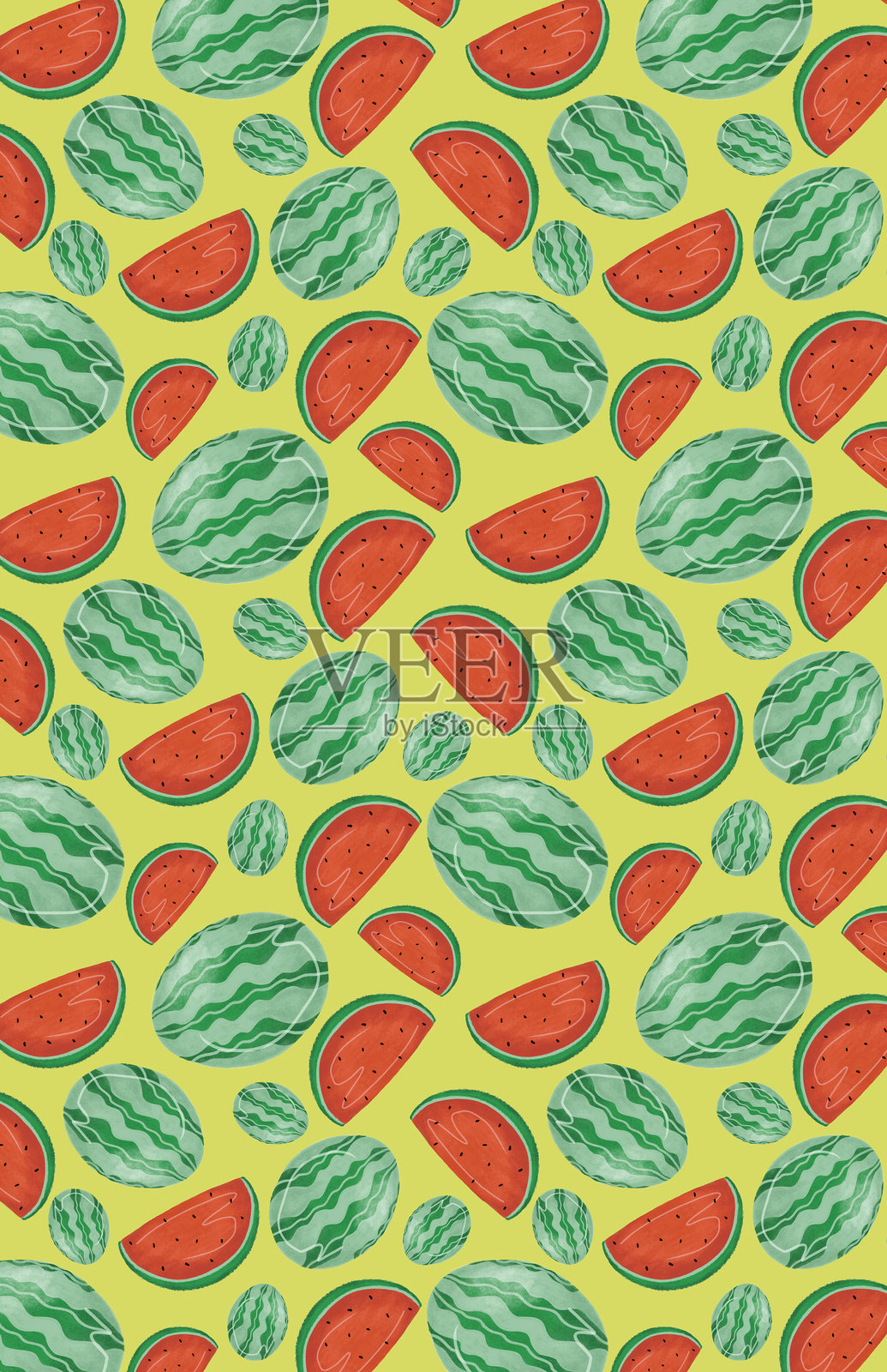 西瓜图案 - 手绘整只和切片西瓜在浅绿色背景上 - 夏季水果设计插画图片素材