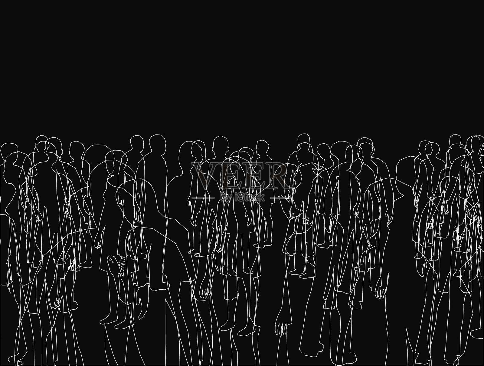 一群人排成一行走路。图像是黑白色的。人们整齐地排成一行，直线行走。插画图片素材