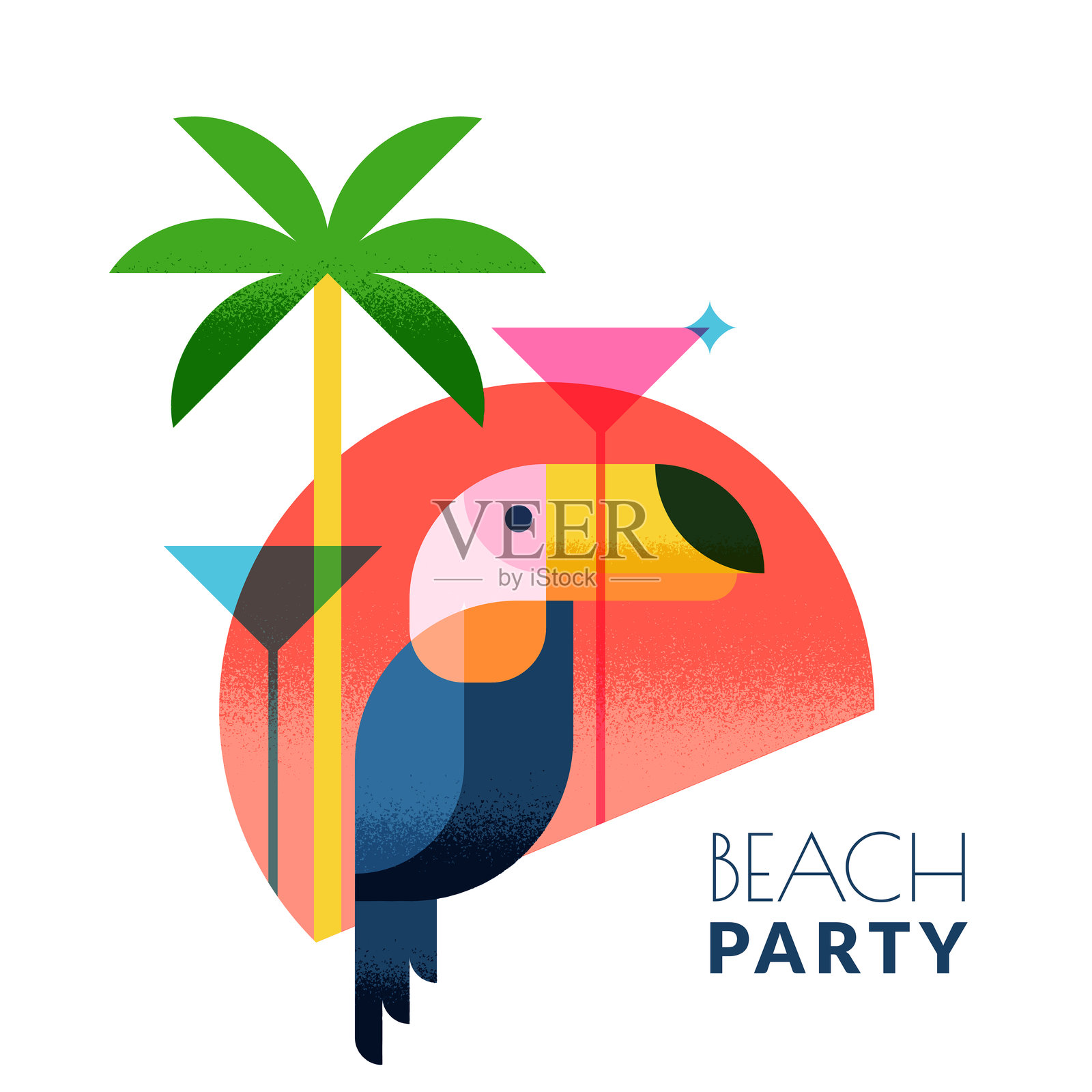 海滩鸡尾酒酒吧俱乐部标签，标志设计。矢量插图。棕榈树、巨嘴鸟、鸡尾酒与日落背景。插画图片素材