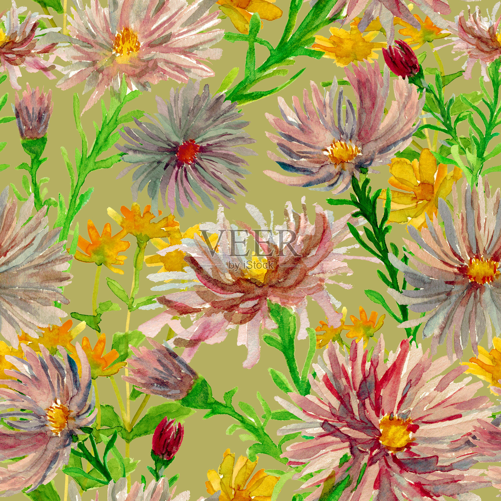 无缝图案，抽象水彩盛开的紫菊花。紫色和超蓝色花瓣，细小印花。乡村花园花卉。适用于面料、纺织品、表面和封面。花卉背景。插画图片素材