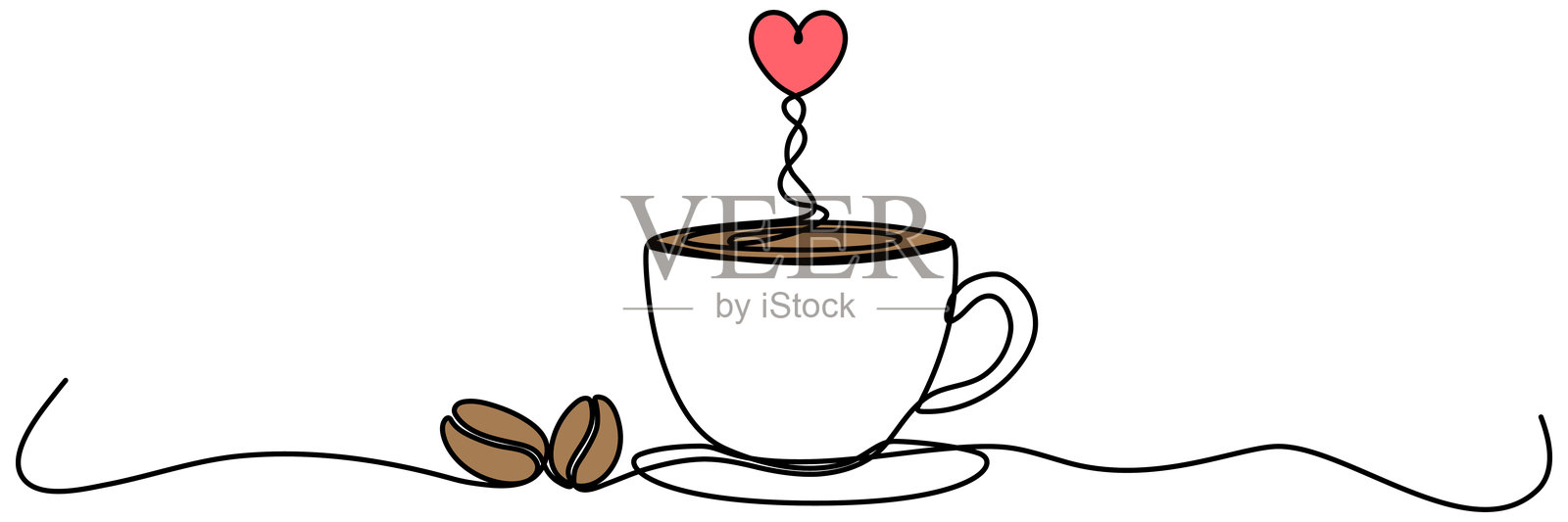 咖啡杯上绘有红色心形的连续线条。插画图片素材