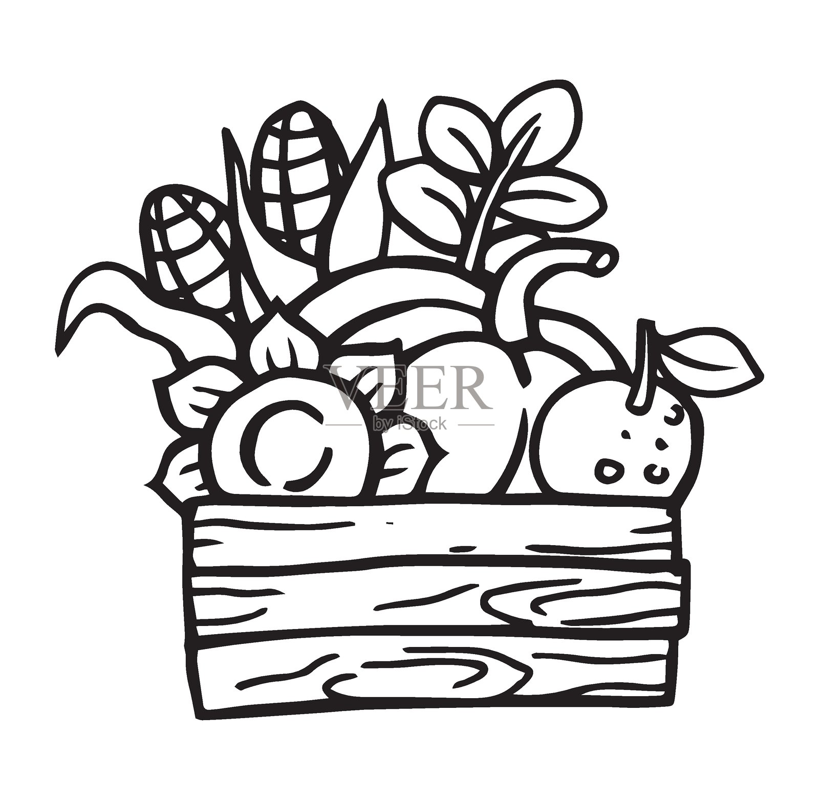 装满蔬菜和水果的箱子。矢量插图涂鸦。丰收节，感恩节插画图片素材