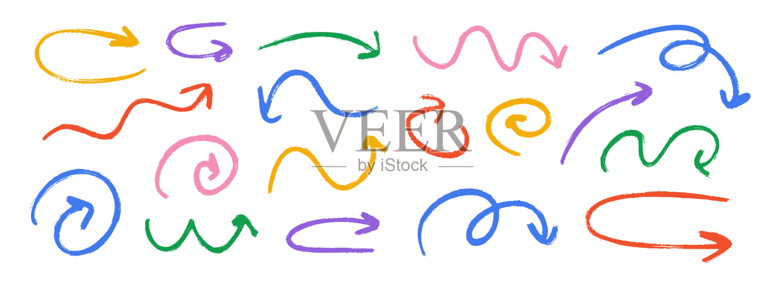 手绘蜡笔波浪箭头集合。彩色曲线、波动和涂鸦箭头套装。木炭素描指示器和方向线。矢量粉彩铅笔、粉笔或记号笔笔触。插画图片素材