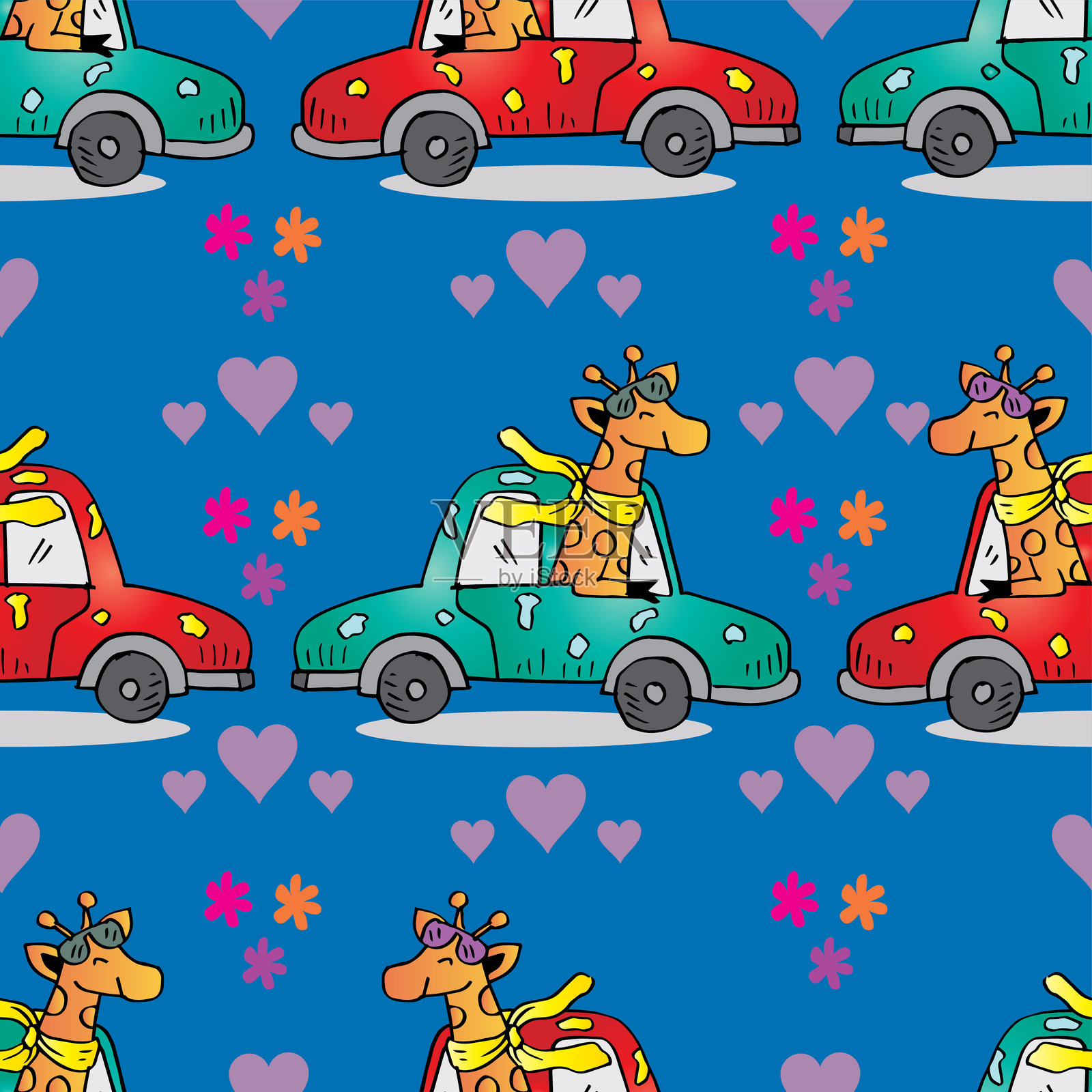 可爱卡通长颈鹿在车上的无缝图案。矢量插图。插画图片素材