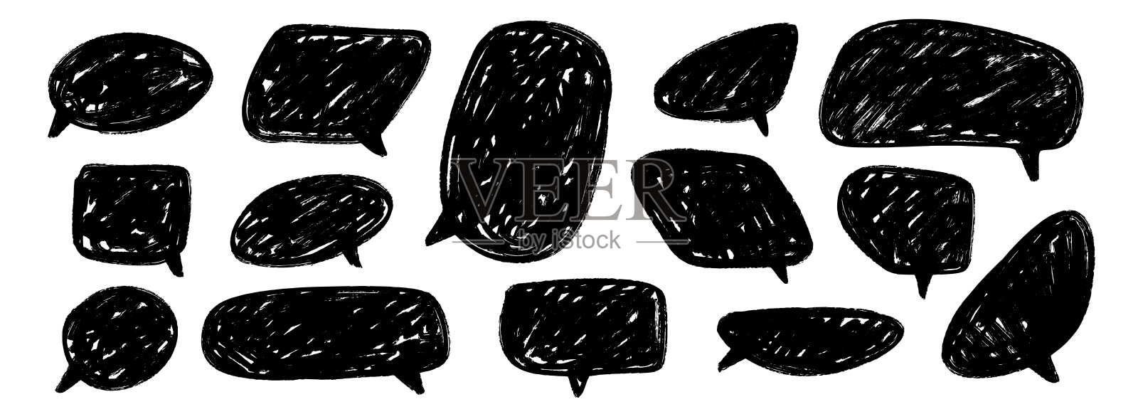 手绘对话气泡合集。涂鸦风格的标记对话框套装。素描质感的漫画对话框。黑色涂鸦聊天框包。圆形、方形或矩形气球文本框组合。矢量图。插画图片素材