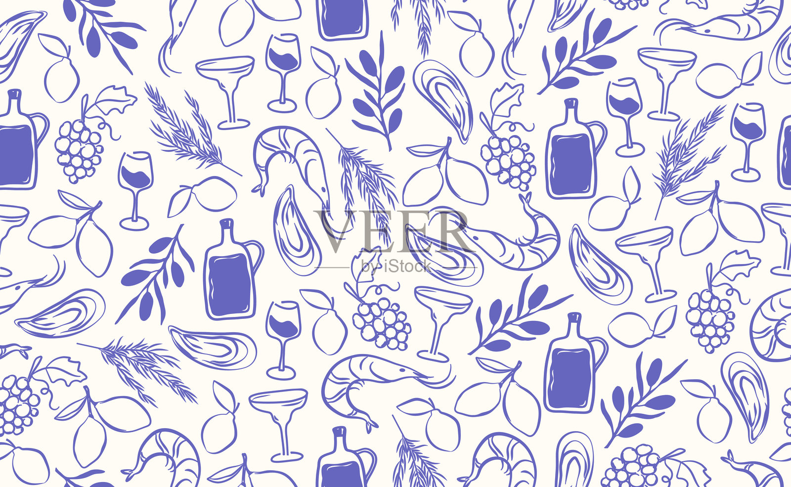 手绘意大利美食无缝图案。粉笔蜡笔素描的菜肴，包括比萨、意大利面、橄榄、葡萄酒瓶、地中海海鲜、虾、牡蛎、水果，以及意大利菜单的食材，采用涂鸦风格。矢量插图。插画图片素材