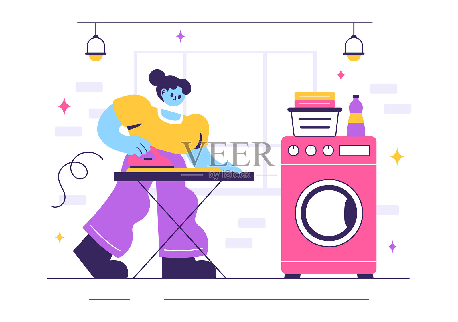 洗衣房矢量插图，展示洗衣机和烘干机，背景为平面风格的卡通，篮子里装满脏衣服。插画图片素材